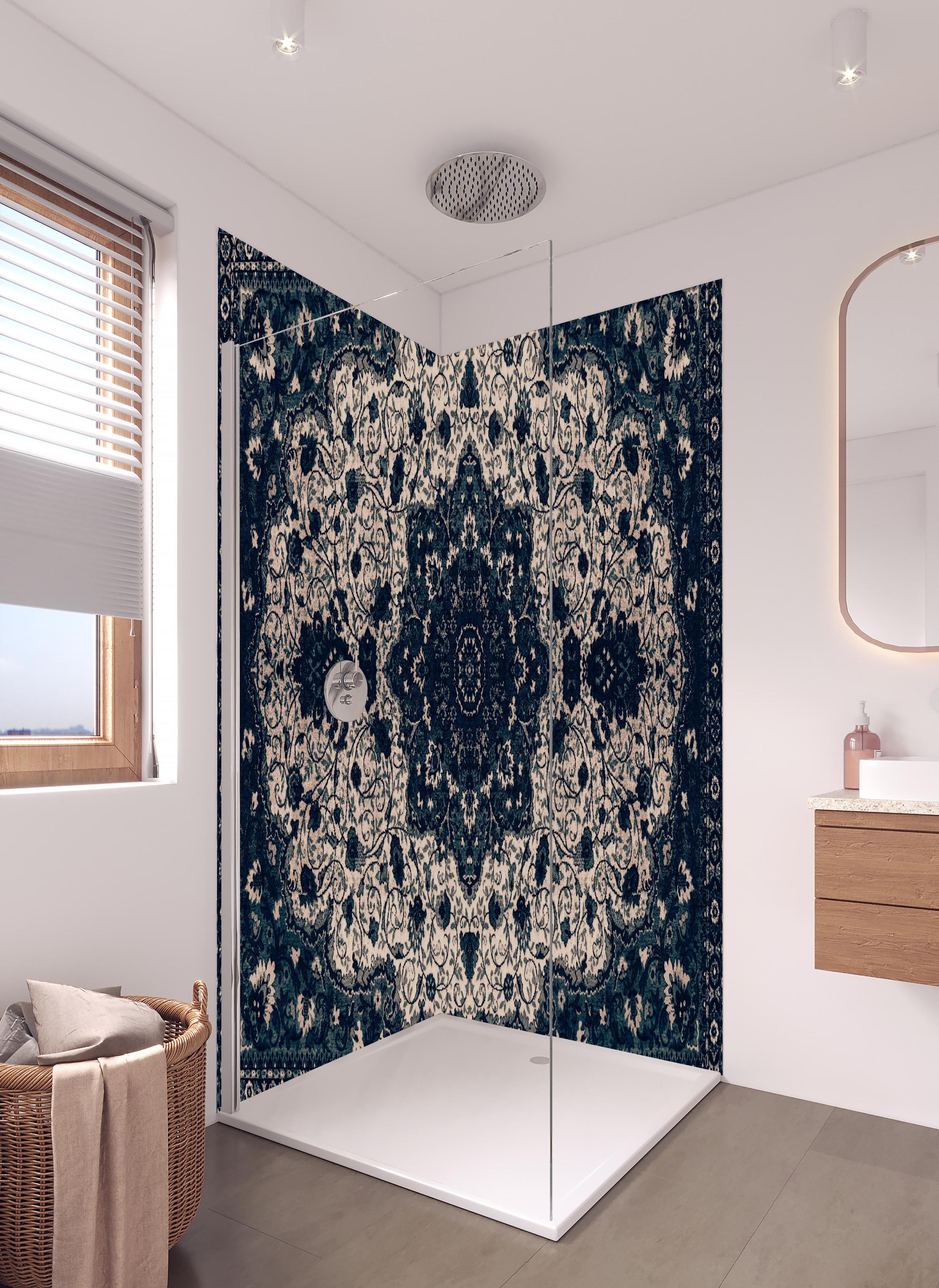 Duschrückwand - Persischer Mandala Teppich Türkis Muster in hellem Badezimmer mit Regenduschkopf - zweiteilige Eck-Duschrückwand