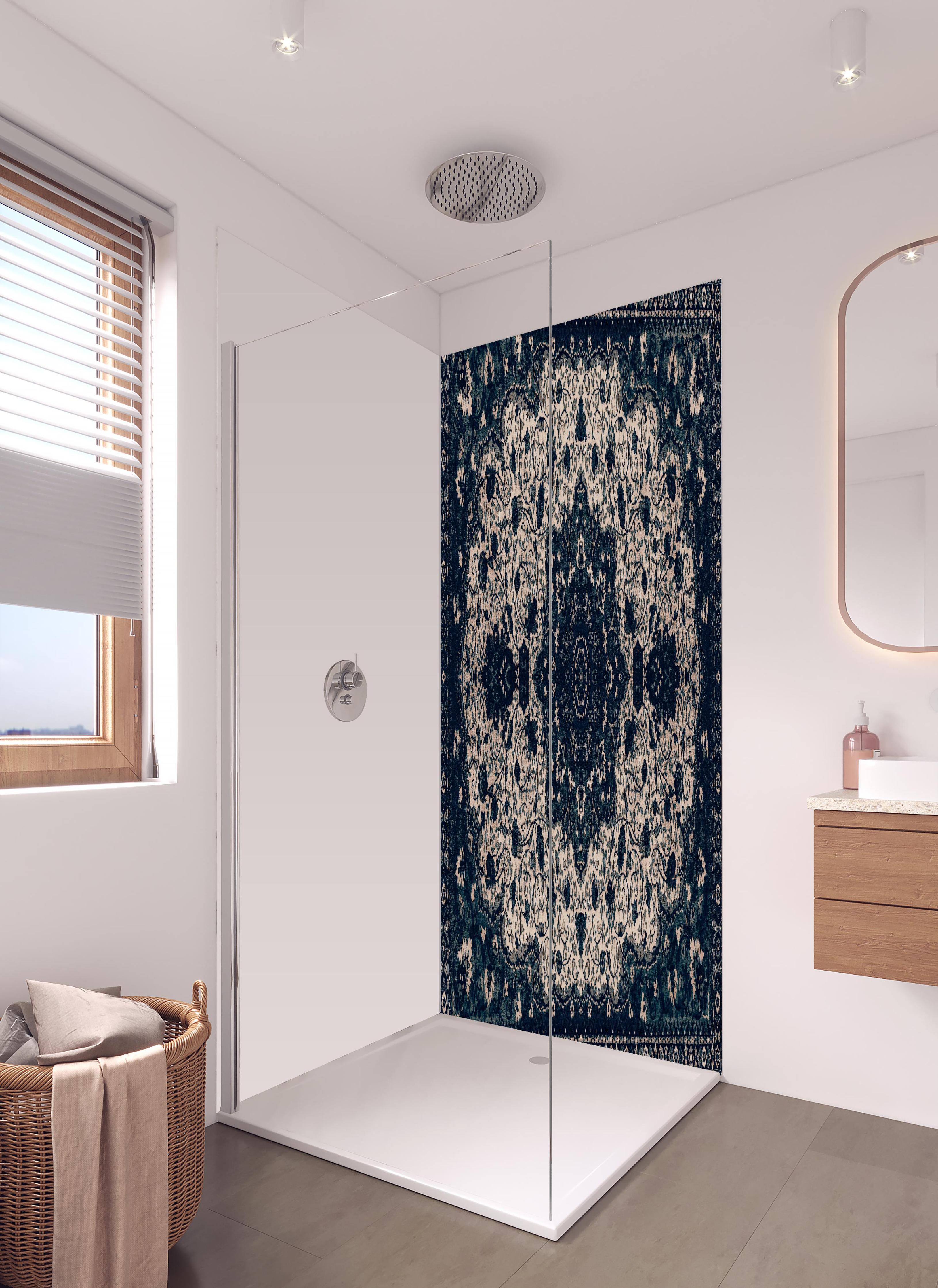 Duschrückwand - Persischer Mandala Teppich Türkis Muster in hellem Badezimmer mit Regenduschkopf - zweiteilige Eck-Duschrückwand