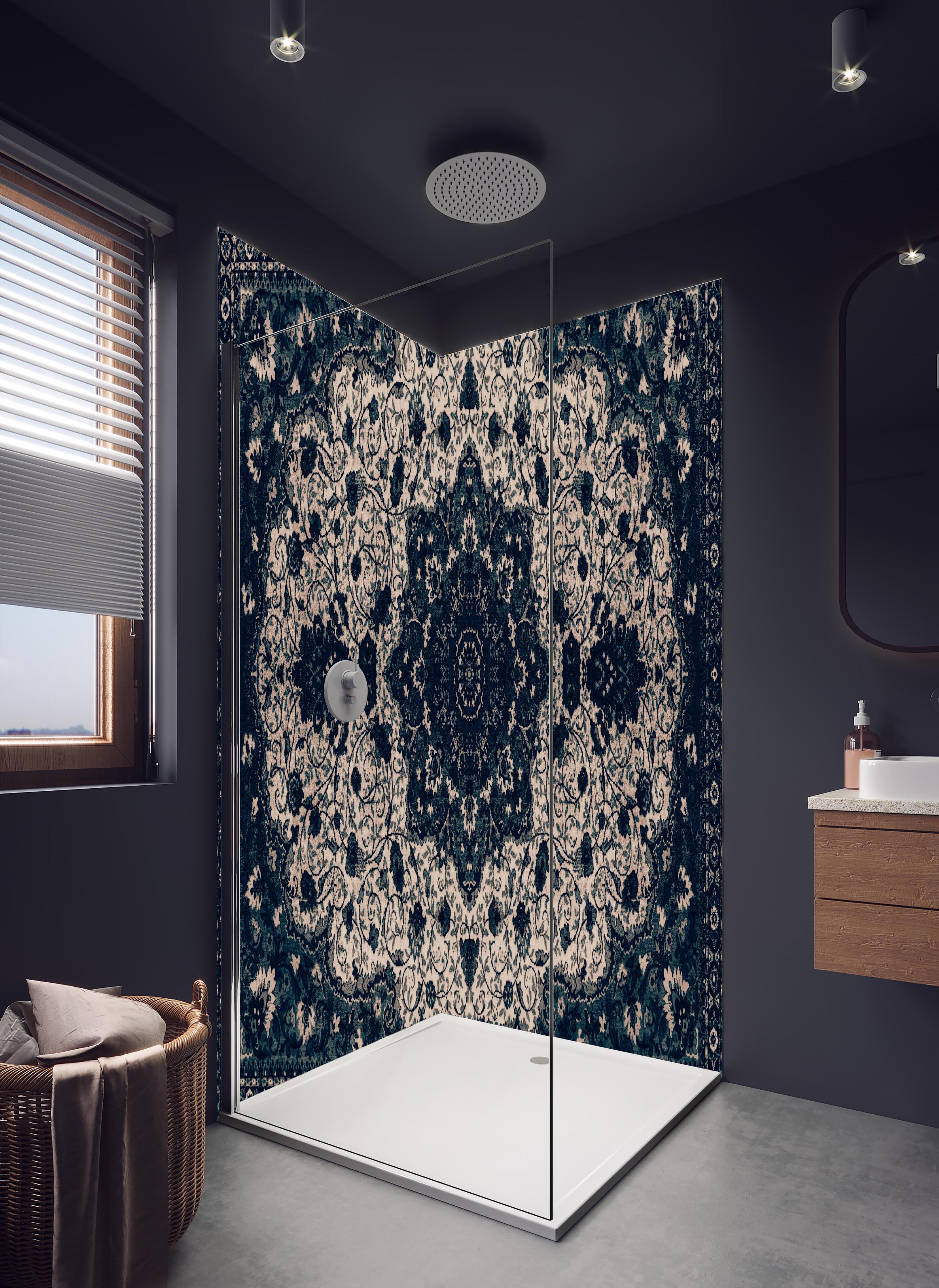 Duschrückwand - Persischer Mandala Teppich Türkis Muster in hellem Badezimmer mit Regenduschkopf - zweiteilige Eck-Duschrückwand