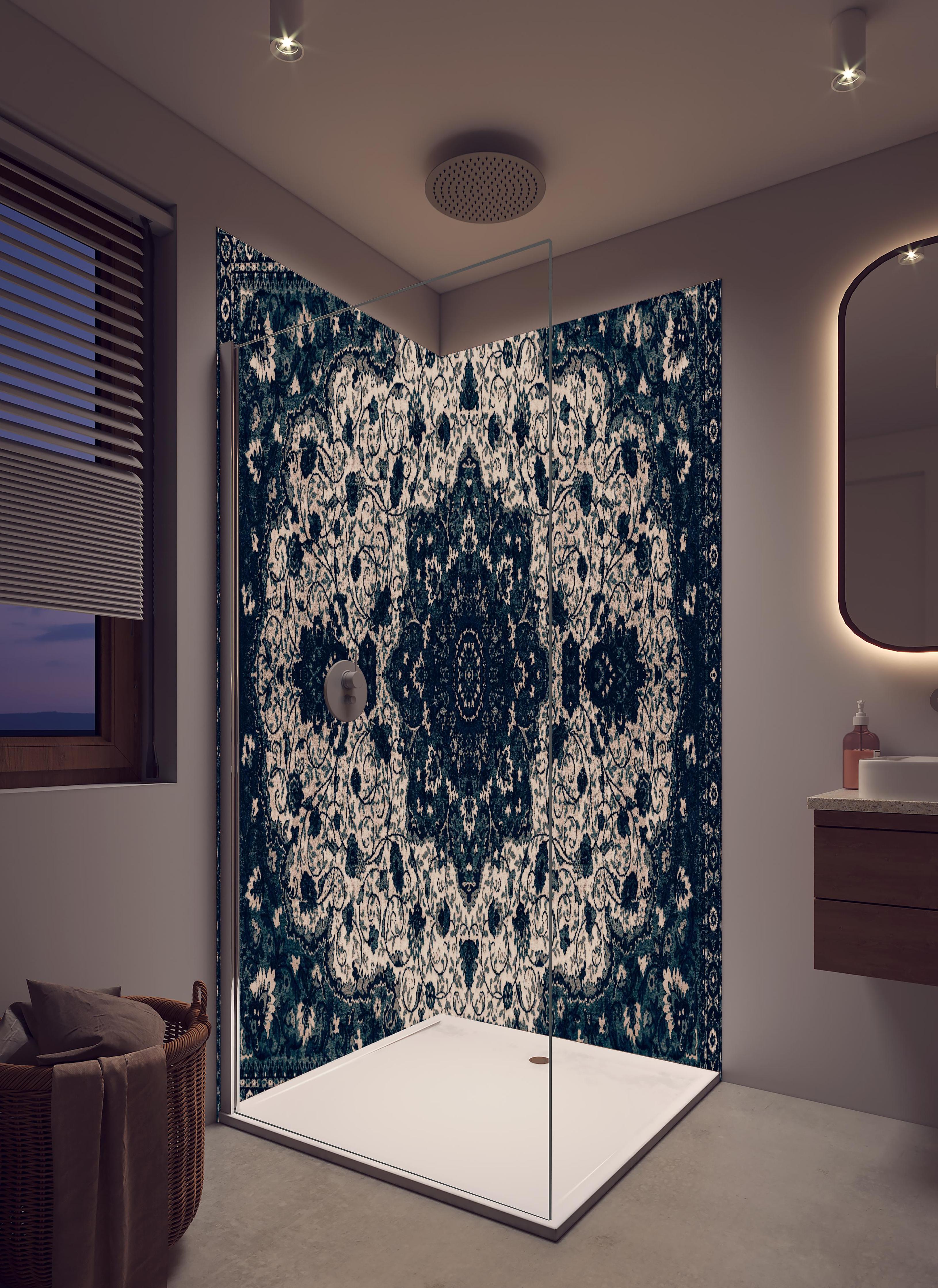 Duschrückwand - Persischer Mandala Teppich Türkis Muster in hellem Badezimmer mit Regenduschkopf - zweiteilige Eck-Duschrückwand