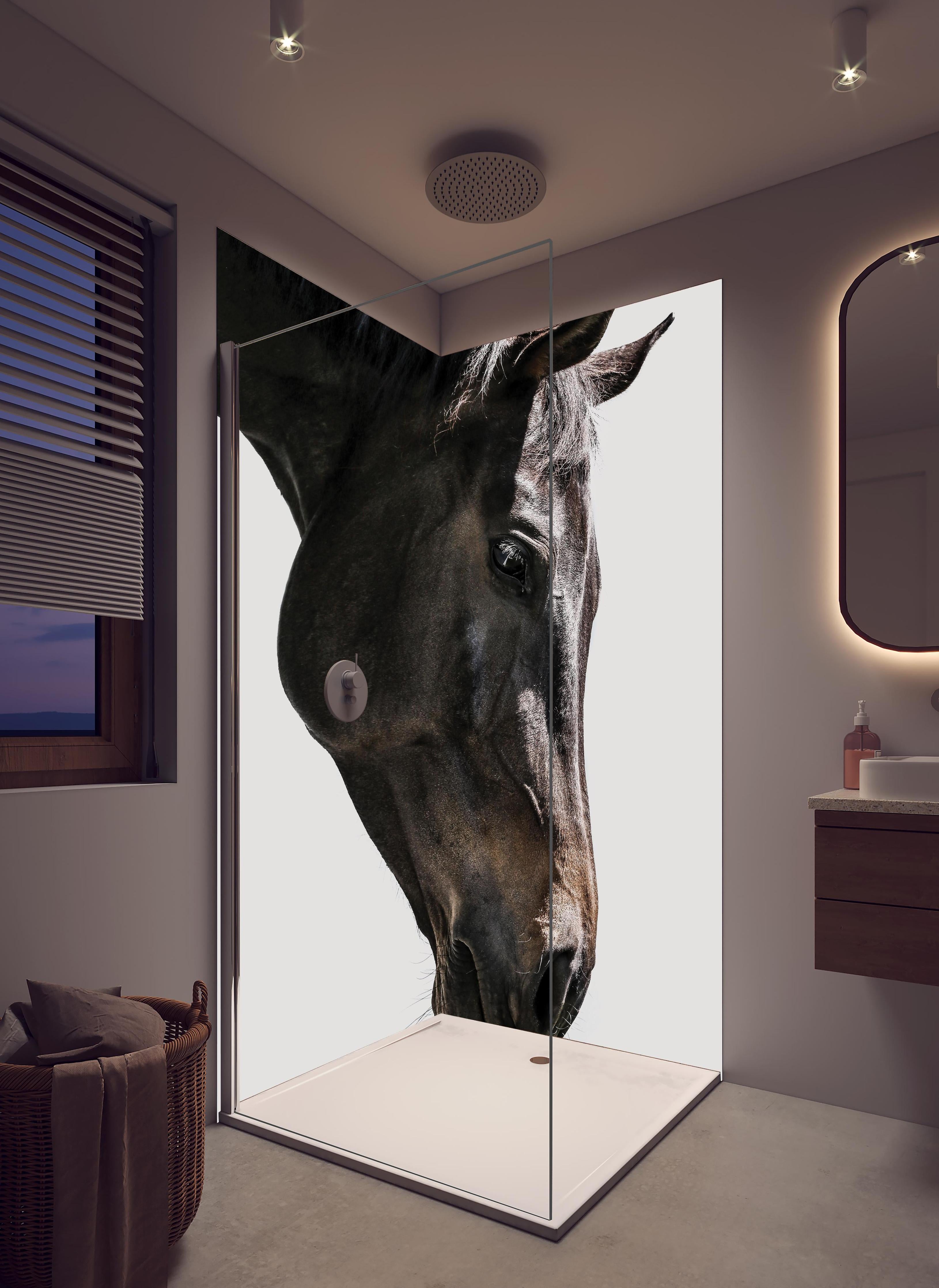 Duschrückwand - Pferd - Nahaufnahme in hellem Badezimmer mit Regenduschkopf - zweiteilige Eck-Duschrückwand