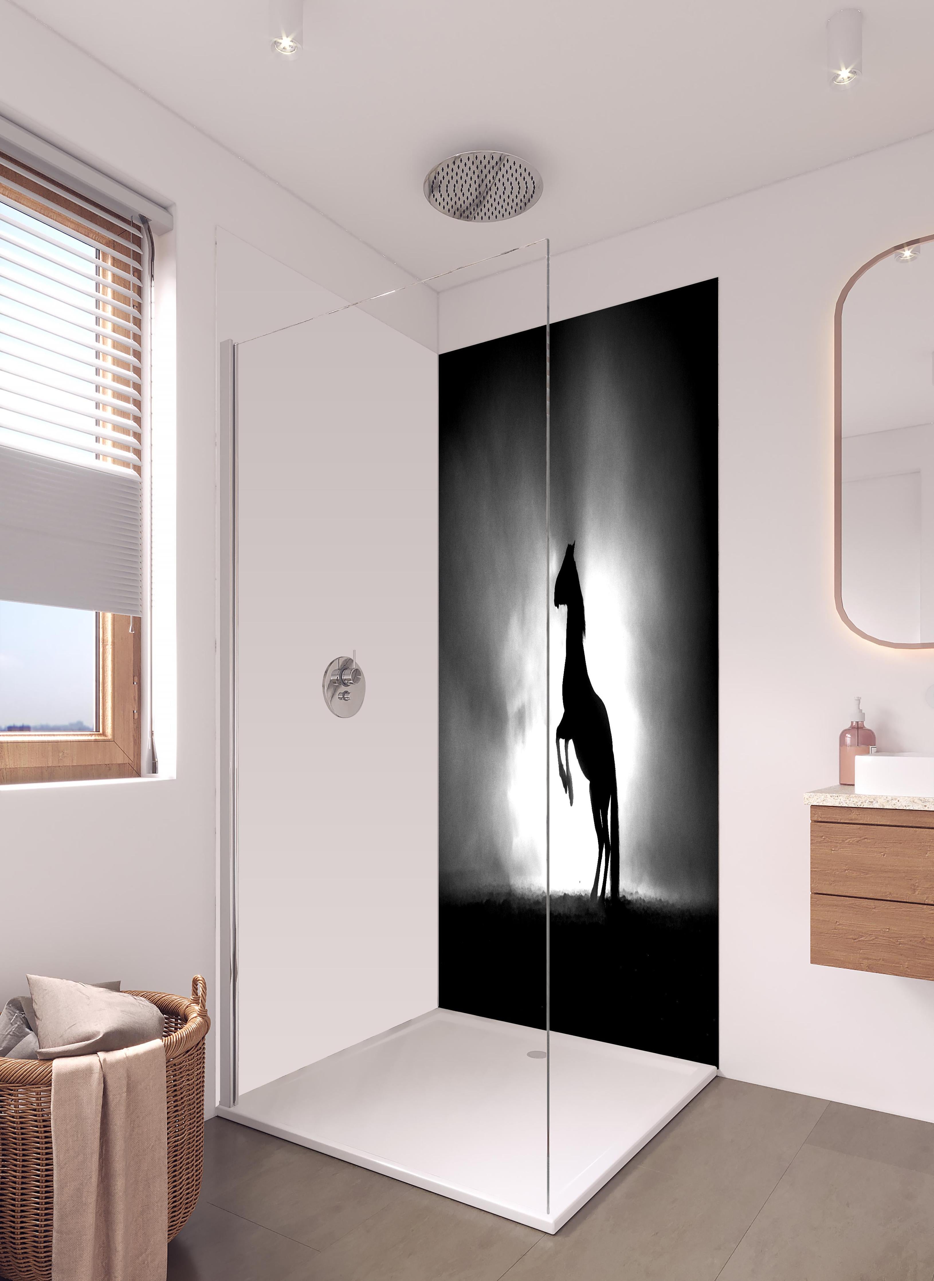 Duschrückwand - Pferd-Aufzucht in Schwarz-Weiß in hellem Badezimmer mit Regenduschkopf - zweiteilige Eck-Duschrückwand