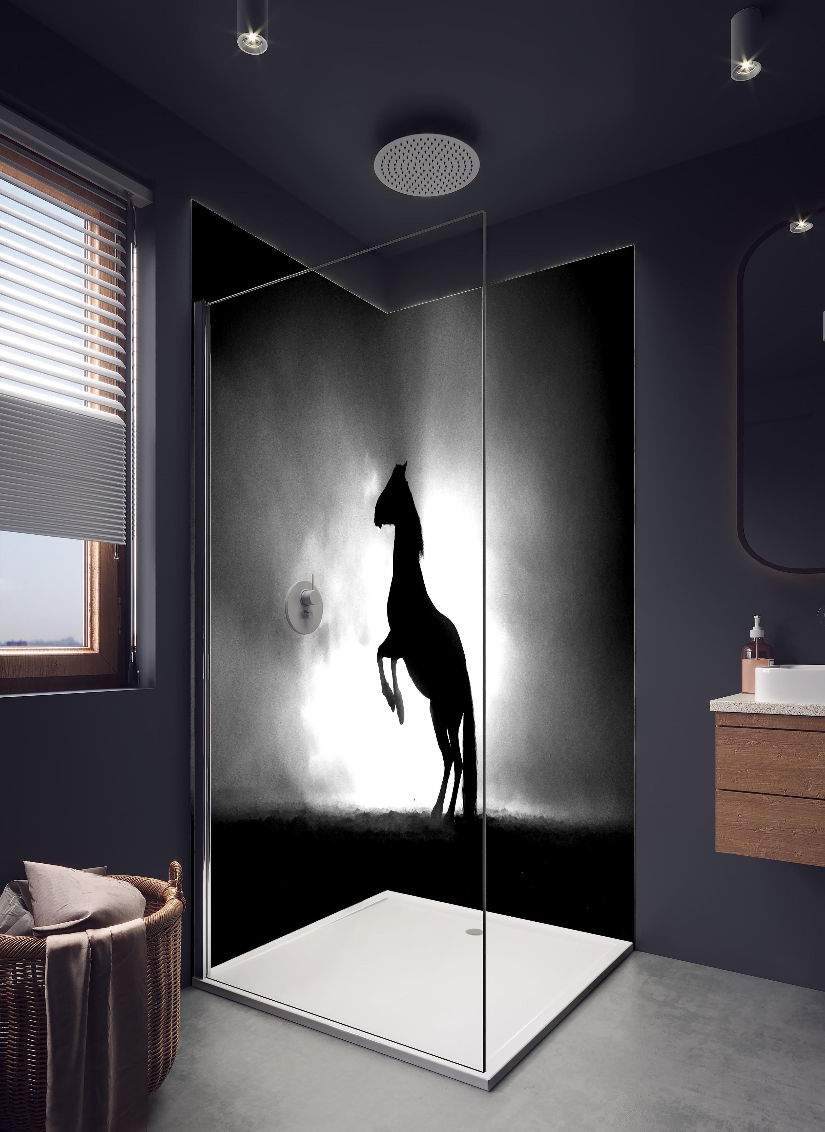 Duschrückwand - Pferd-Aufzucht in Schwarz-Weiß in hellem Badezimmer mit Regenduschkopf - zweiteilige Eck-Duschrückwand
