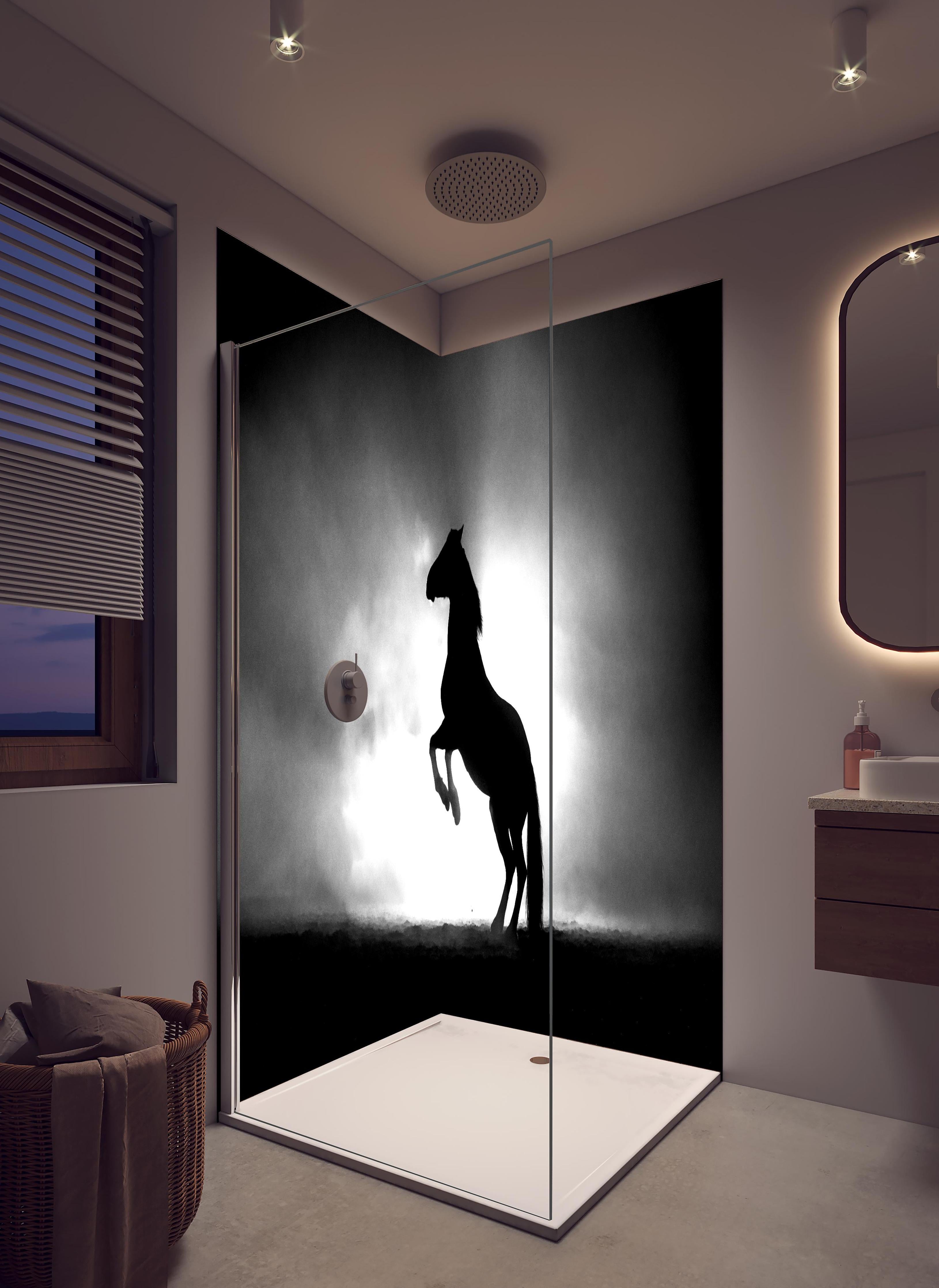 Duschrückwand - Pferd-Aufzucht in Schwarz-Weiß in hellem Badezimmer mit Regenduschkopf - zweiteilige Eck-Duschrückwand