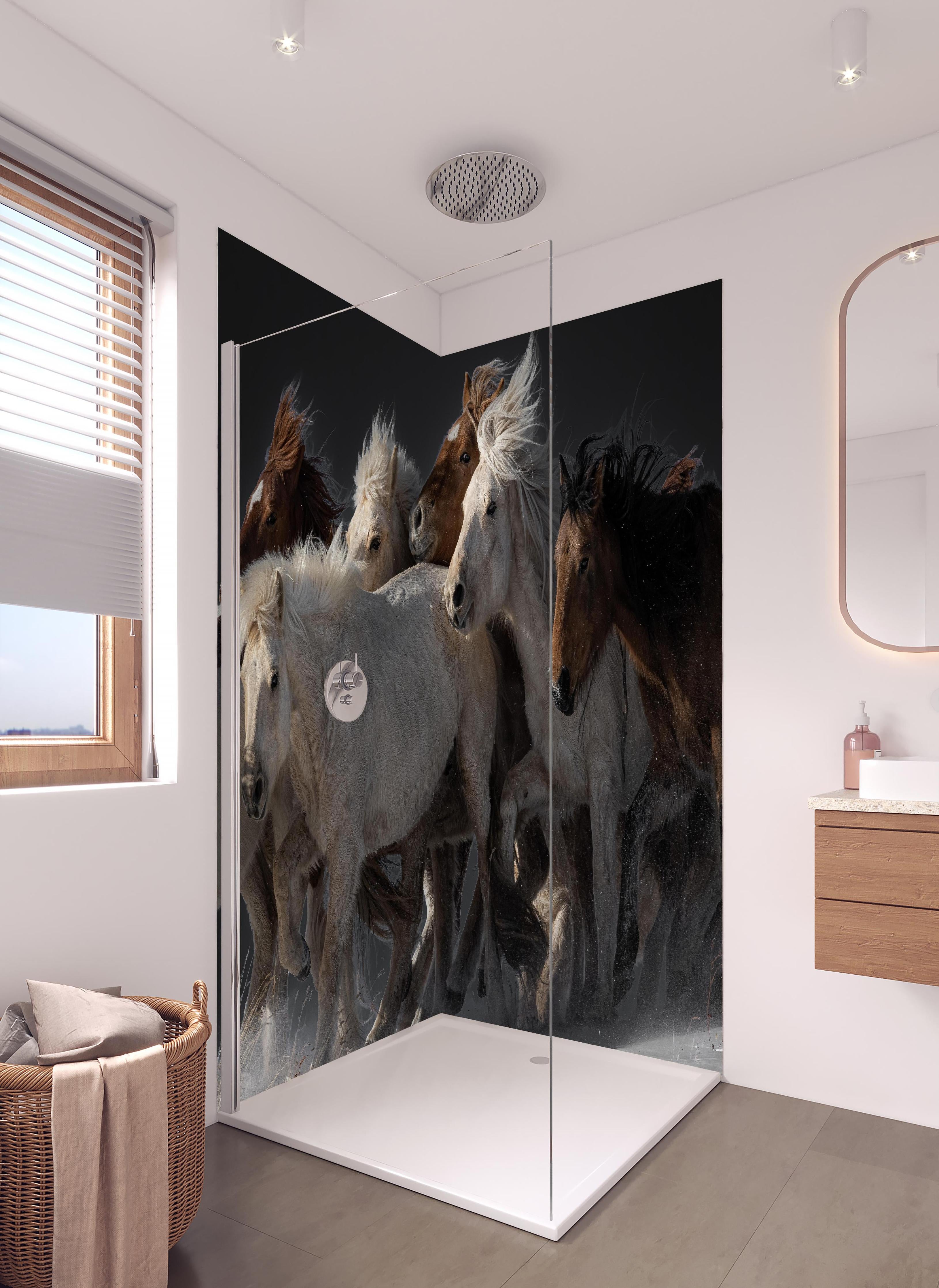 Duschrückwand - Pferdeherde in hellem Badezimmer mit Regenduschkopf - zweiteilige Eck-Duschrückwand
