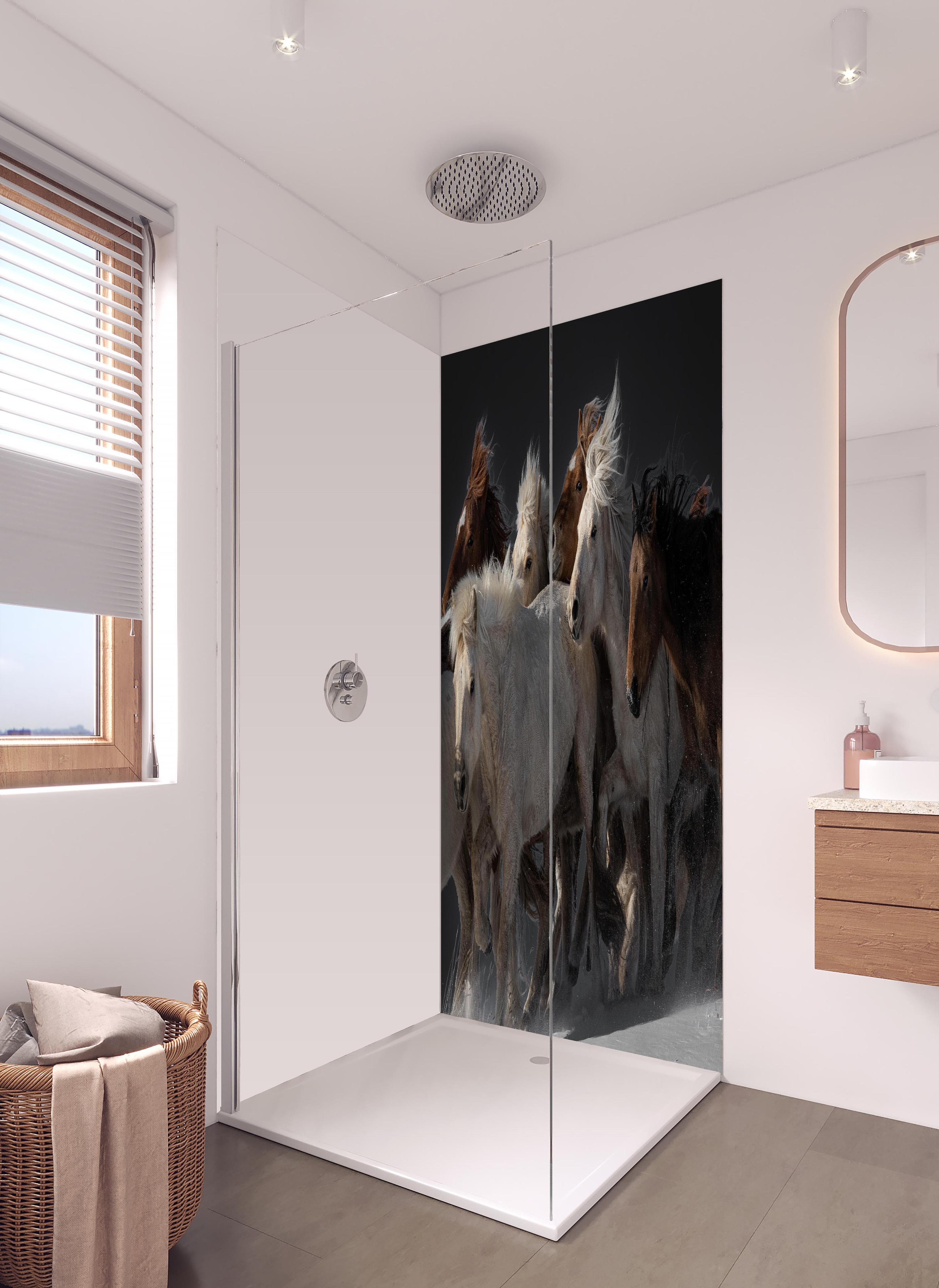 Duschrückwand - Pferdeherde in hellem Badezimmer mit Regenduschkopf - zweiteilige Eck-Duschrückwand