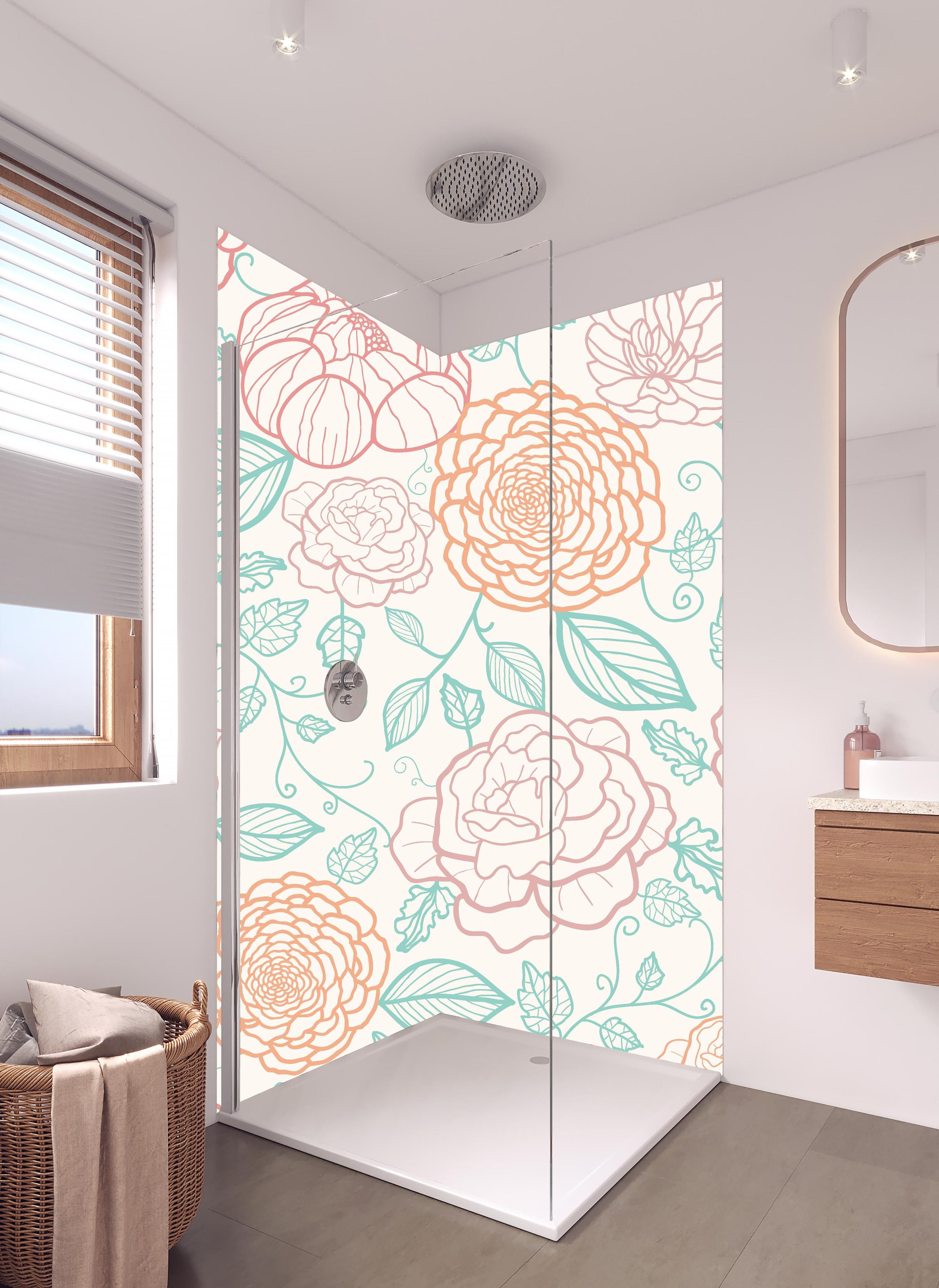 Duschrückwand - Pfirsich-Rosa Florale Zeichnung Wanddekor in hellem Badezimmer mit Regenduschkopf - zweiteilige Eck-Duschrückwand