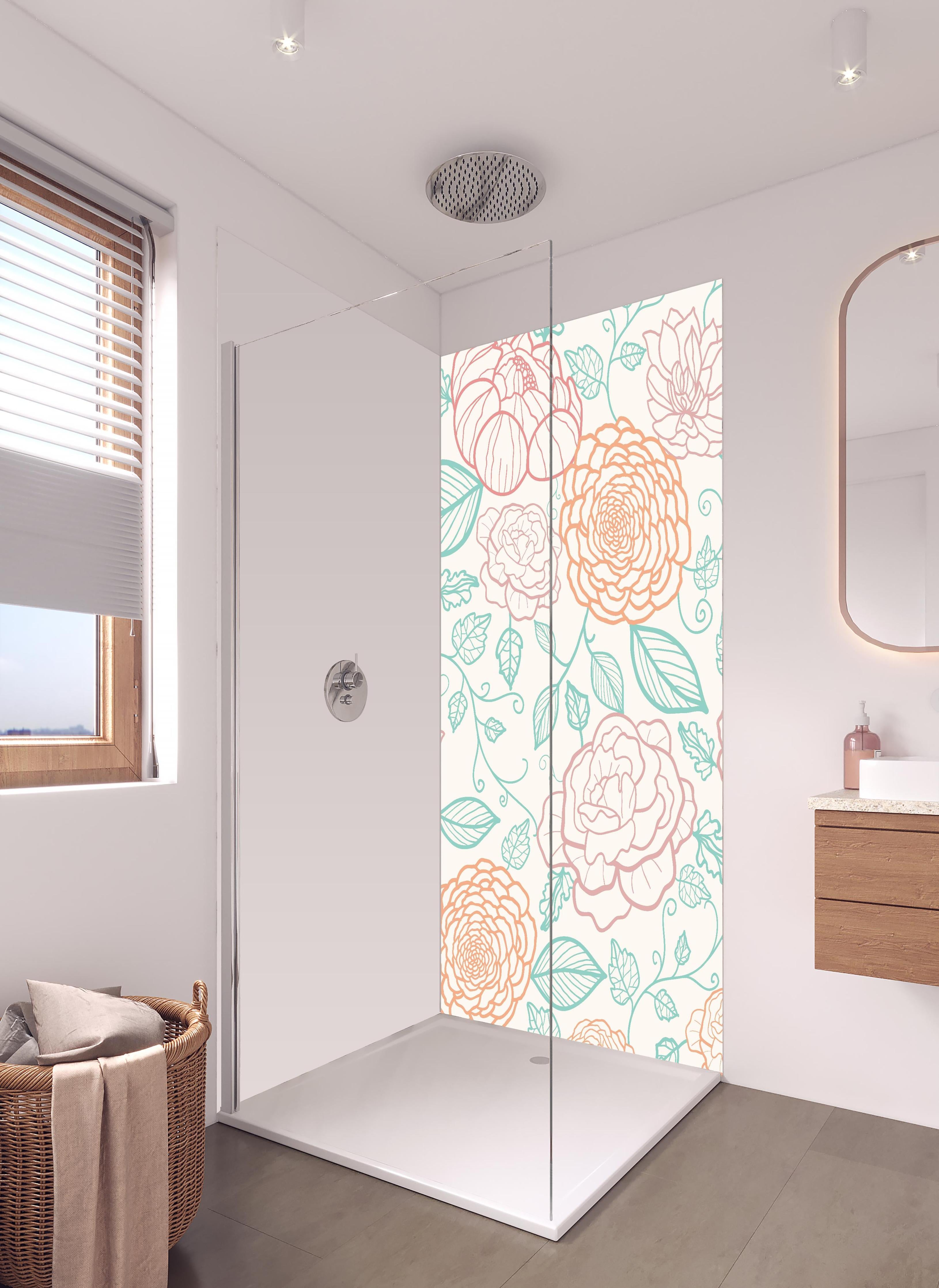 Duschrückwand - Pfirsich-Rosa Florale Zeichnung Wanddekor in hellem Badezimmer mit Regenduschkopf - zweiteilige Eck-Duschrückwand