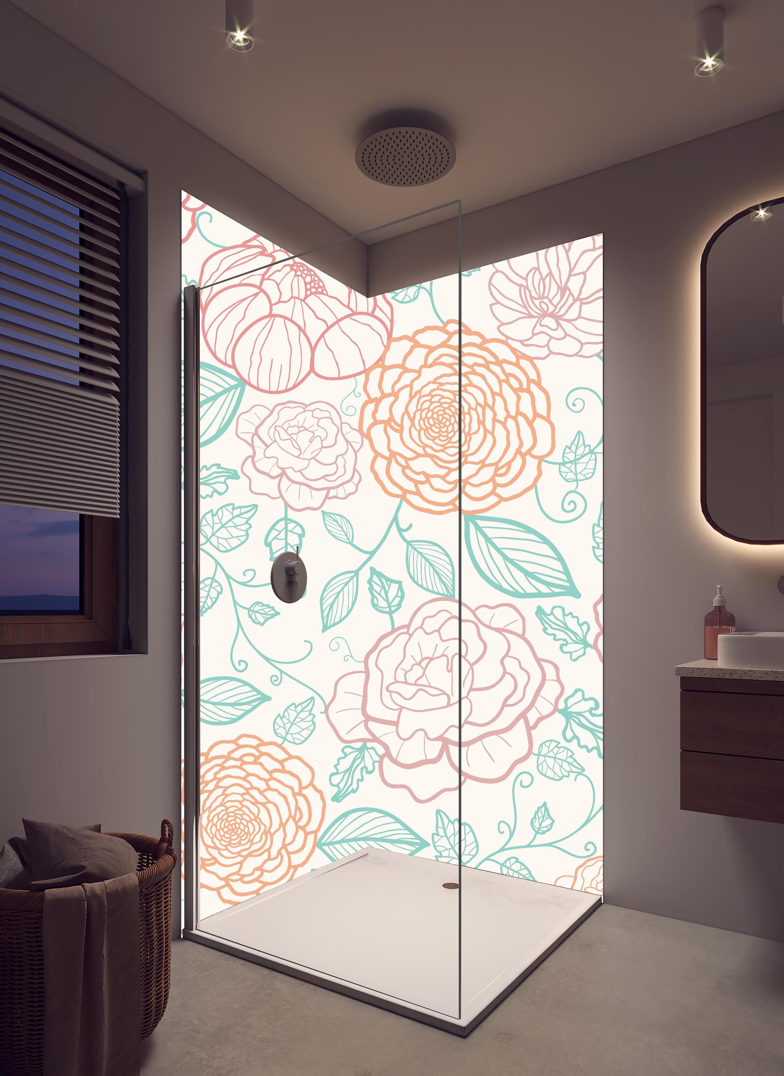 Duschrückwand - Pfirsich-Rosa Florale Zeichnung Wanddekor in hellem Badezimmer mit Regenduschkopf - zweiteilige Eck-Duschrückwand