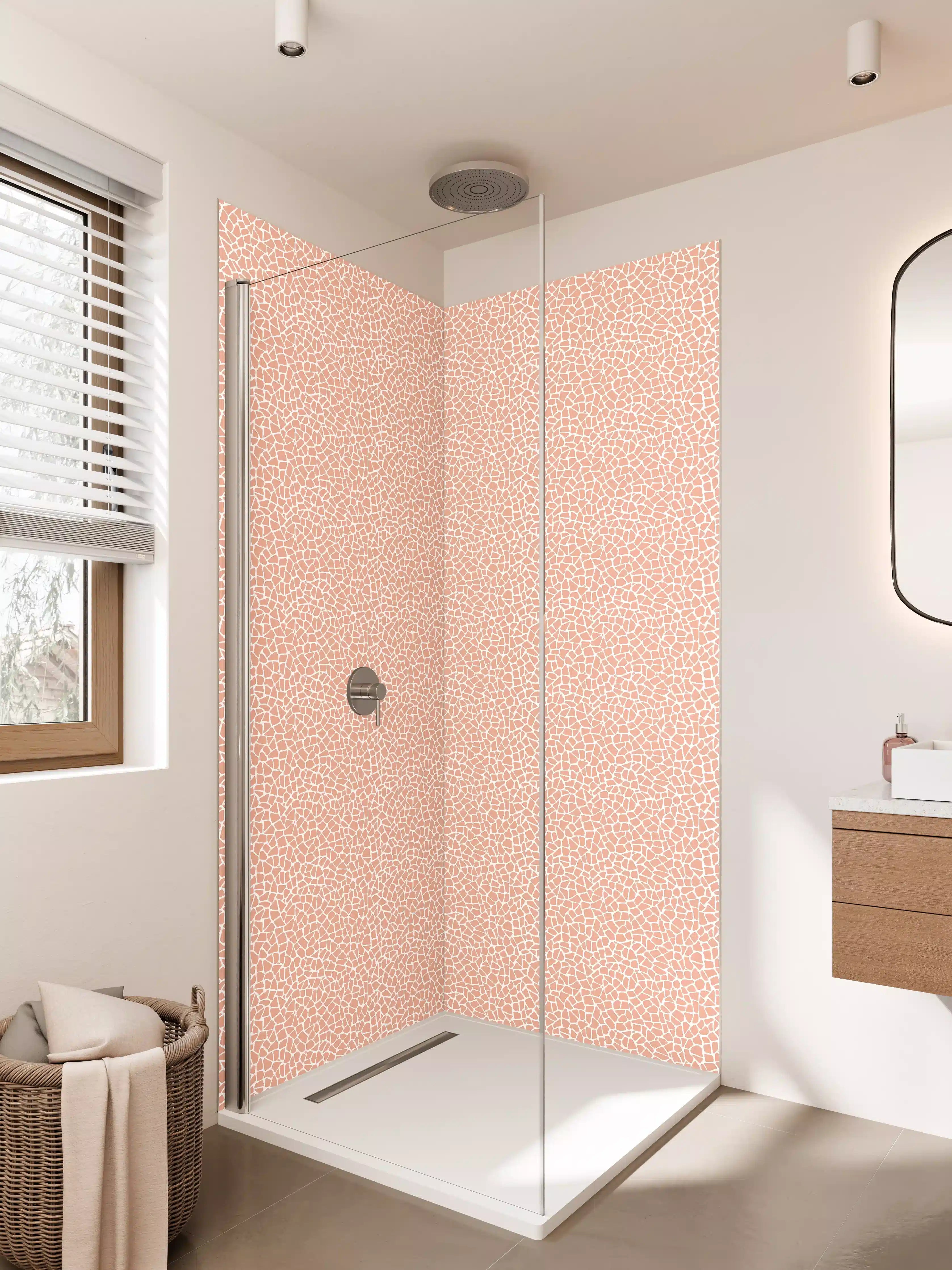 Duschrückwand - Pfirsichfarbene Marmorstruktur mit feinen Linien