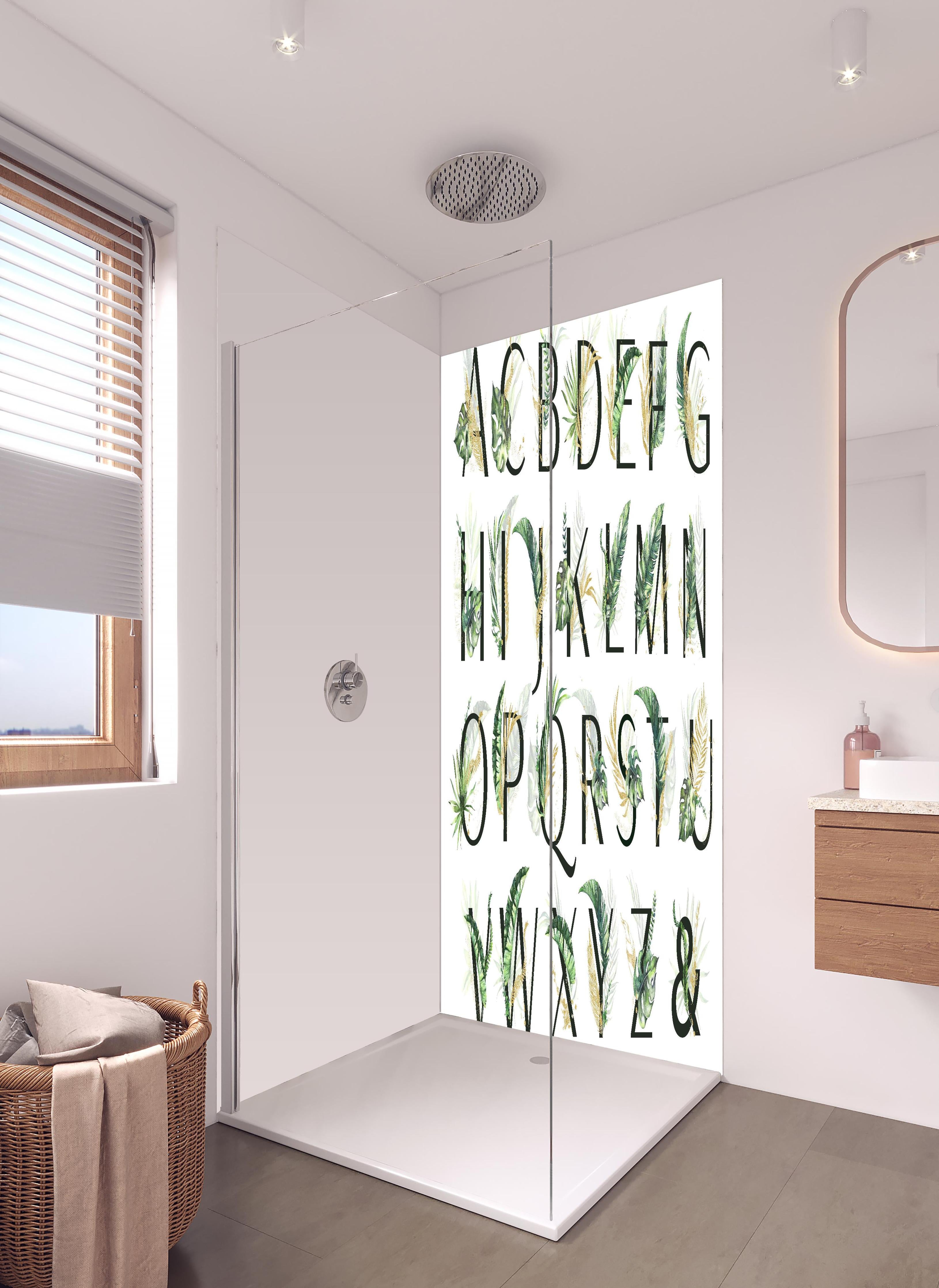 Duschrückwand - Pflanzliche Alphabet Sammlung in hellem Badezimmer mit Regenduschkopf - zweiteilige Eck-Duschrückwand