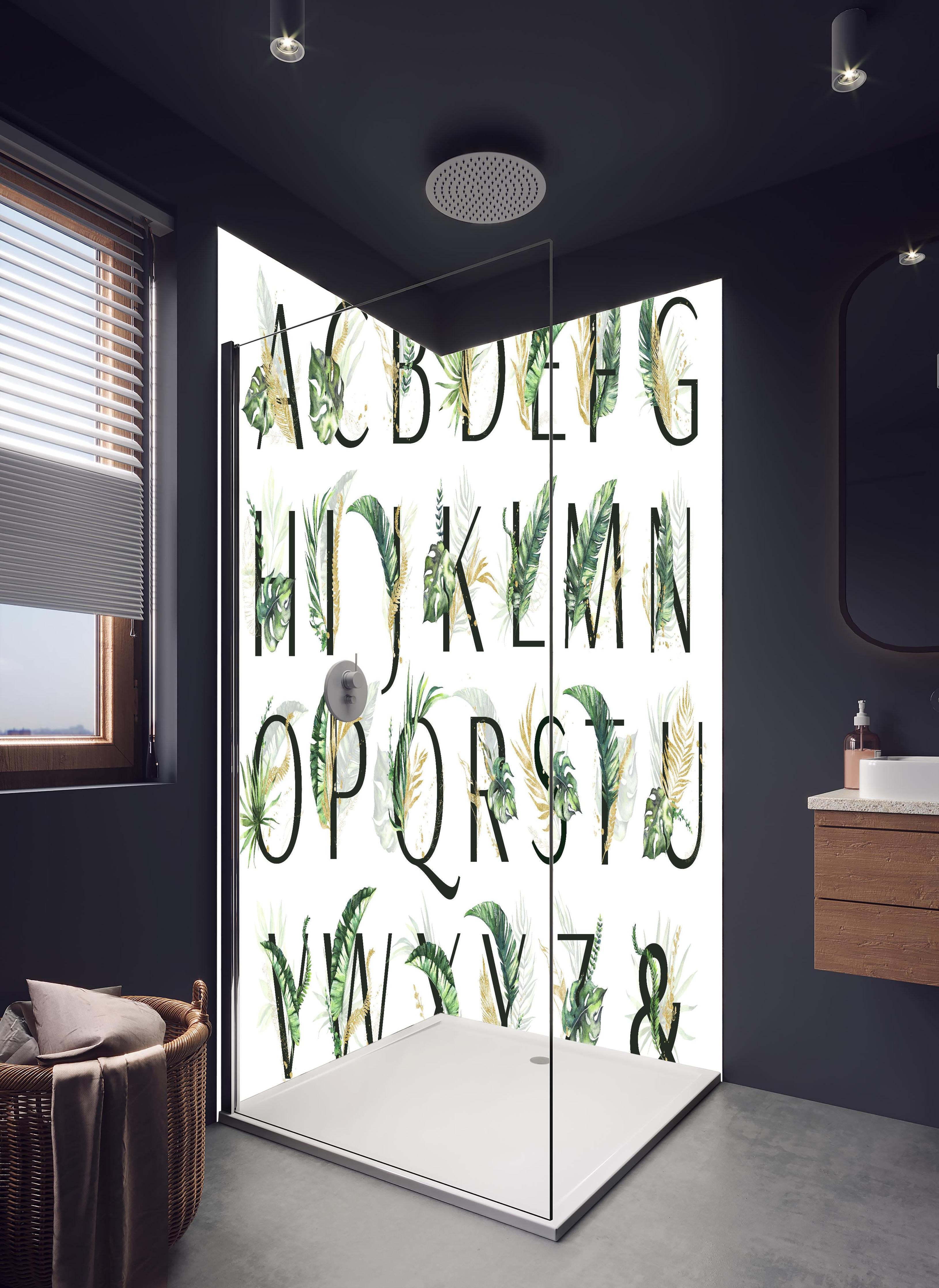 Duschrückwand - Pflanzliche Alphabet Sammlung in hellem Badezimmer mit Regenduschkopf - zweiteilige Eck-Duschrückwand