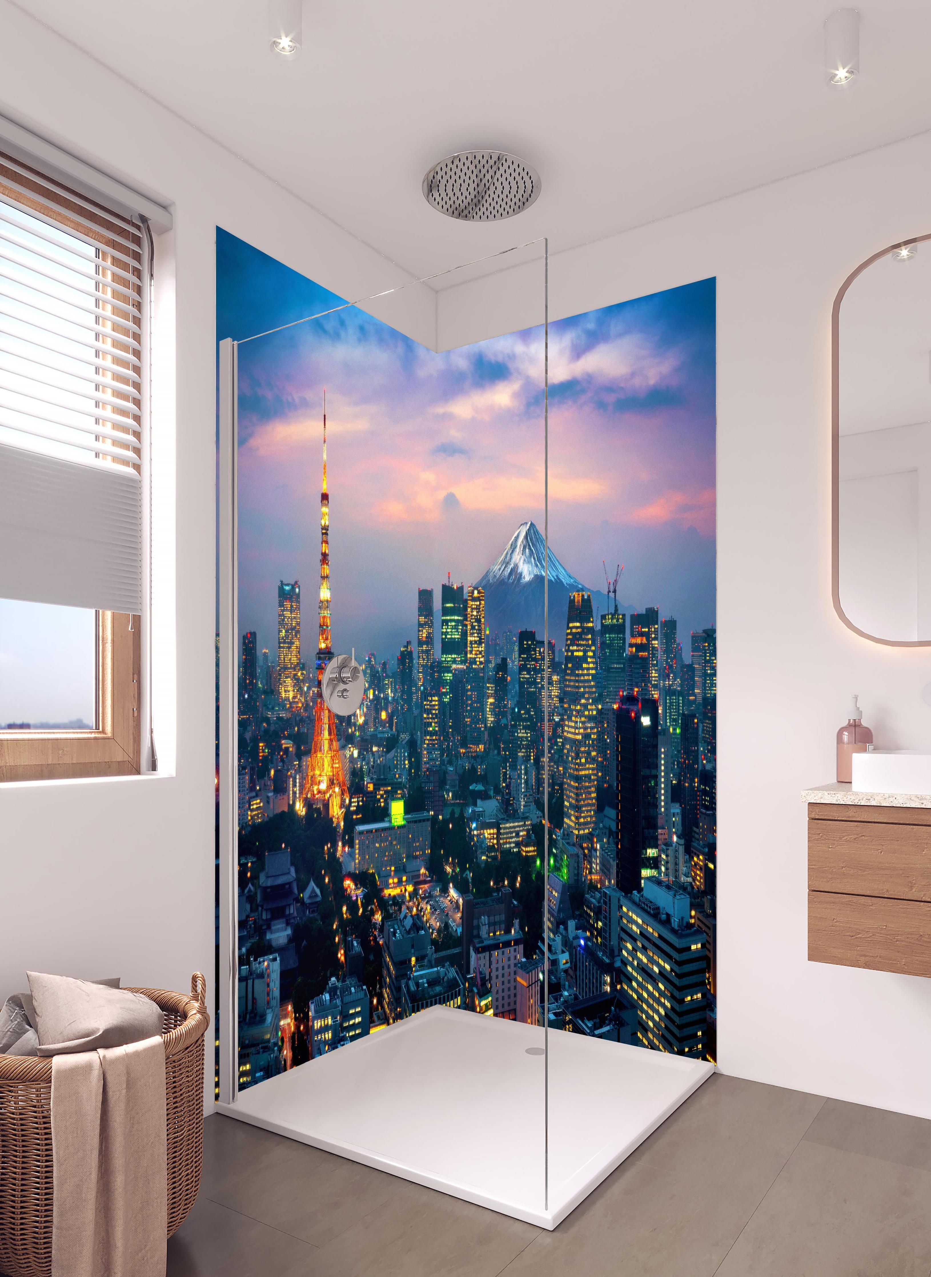 Duschrückwand - Phänomenale Aussicht auf Tokio bei Nacht in hellem Badezimmer mit Regenduschkopf - zweiteilige Eck-Duschrückwand
