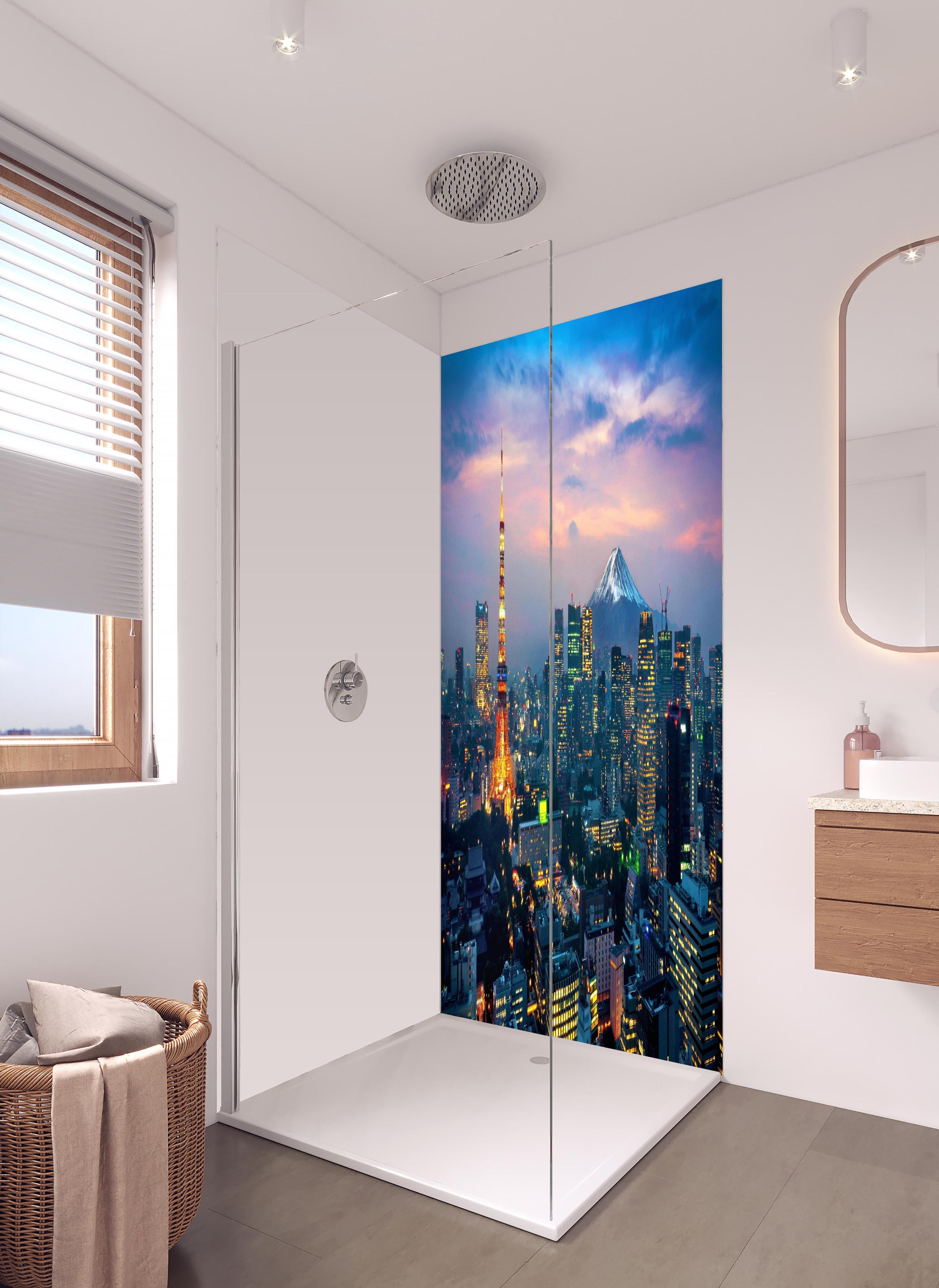 Duschrückwand - Phänomenale Aussicht auf Tokio bei Nacht in hellem Badezimmer mit Regenduschkopf - zweiteilige Eck-Duschrückwand