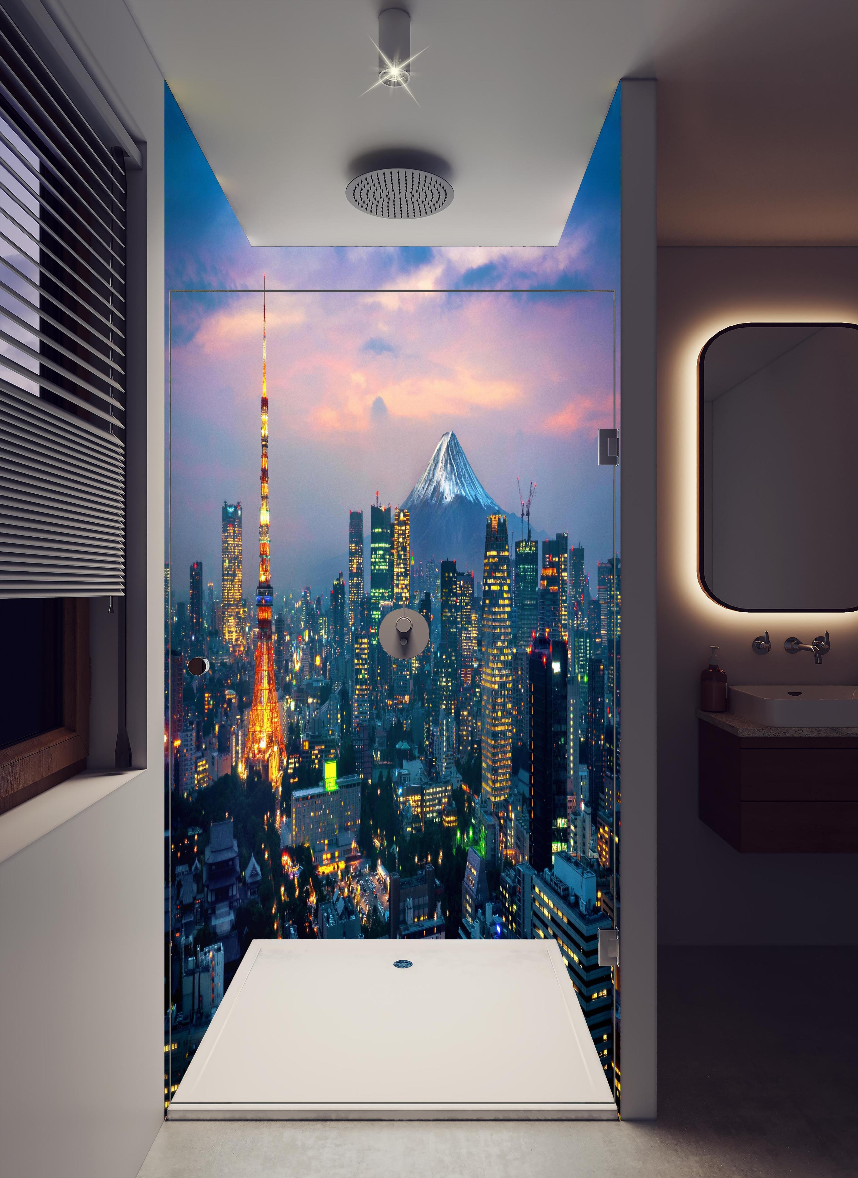 Duschrückwand - Phänomenale Aussicht auf Tokio bei Nacht in hellem Badezimmer mit Regenduschkopf - zweiteilige Eck-Duschrückwand