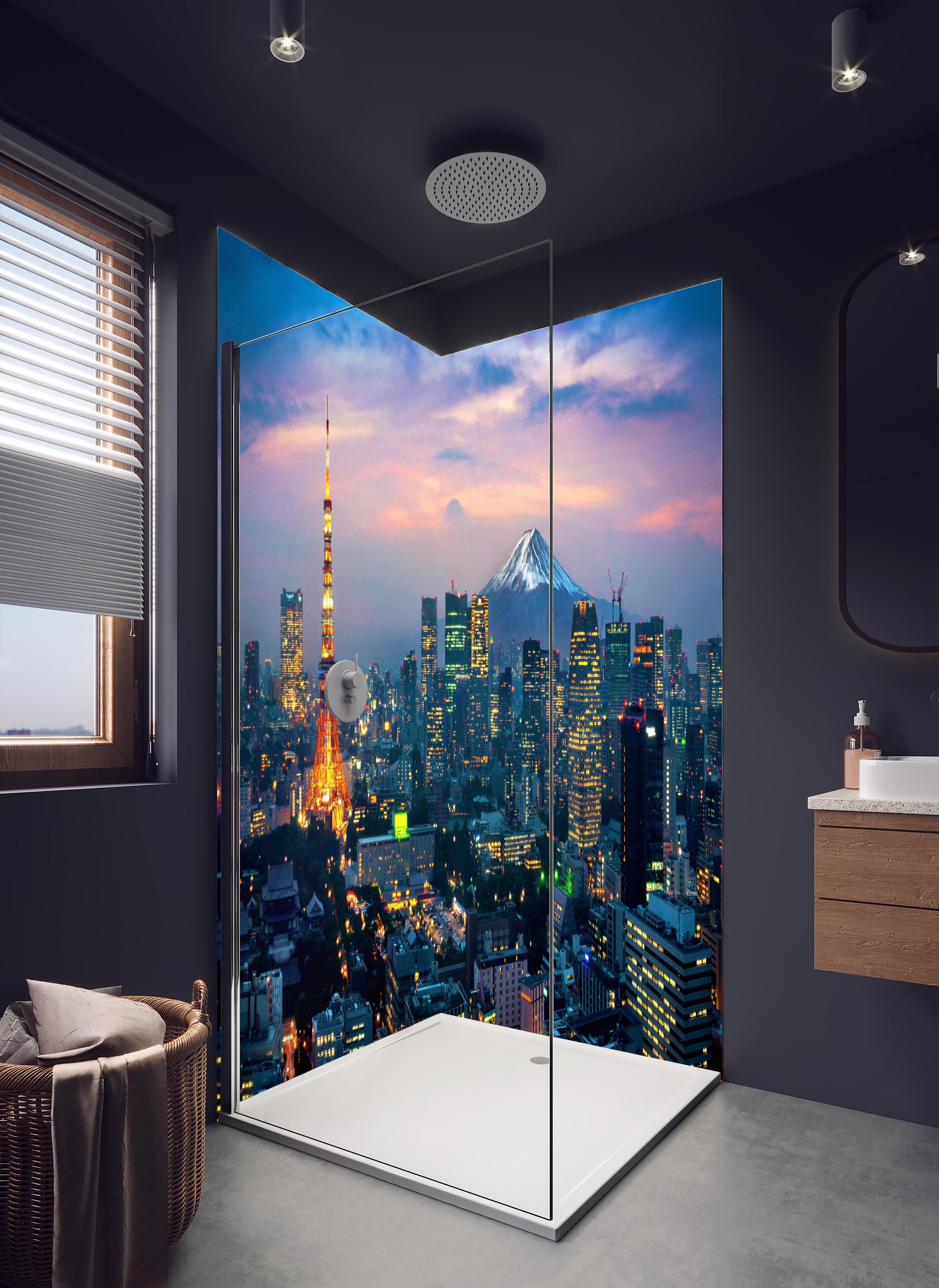 Duschrückwand - Phänomenale Aussicht auf Tokio bei Nacht in hellem Badezimmer mit Regenduschkopf - zweiteilige Eck-Duschrückwand