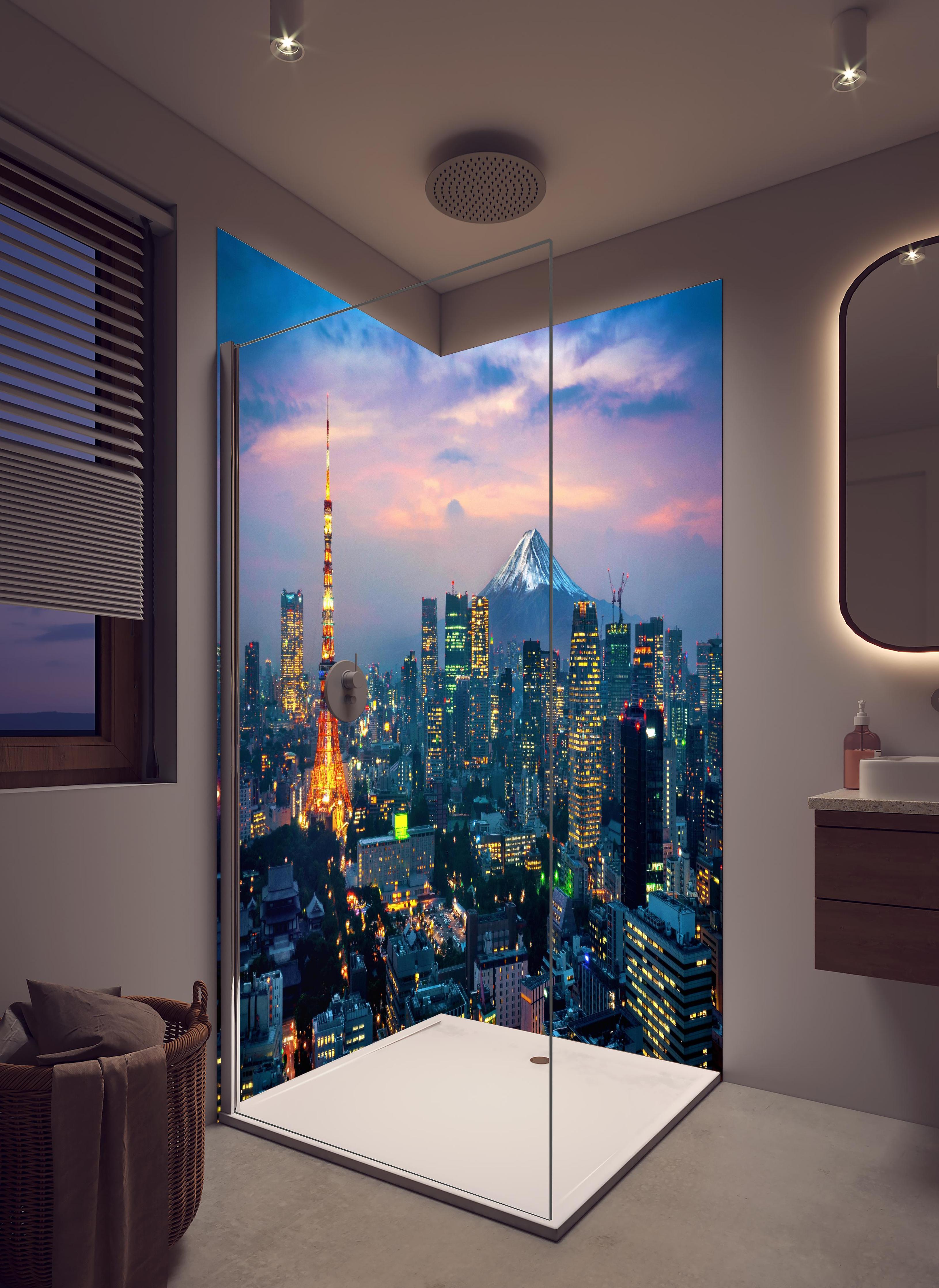 Duschrückwand - Phänomenale Aussicht auf Tokio bei Nacht in hellem Badezimmer mit Regenduschkopf - zweiteilige Eck-Duschrückwand