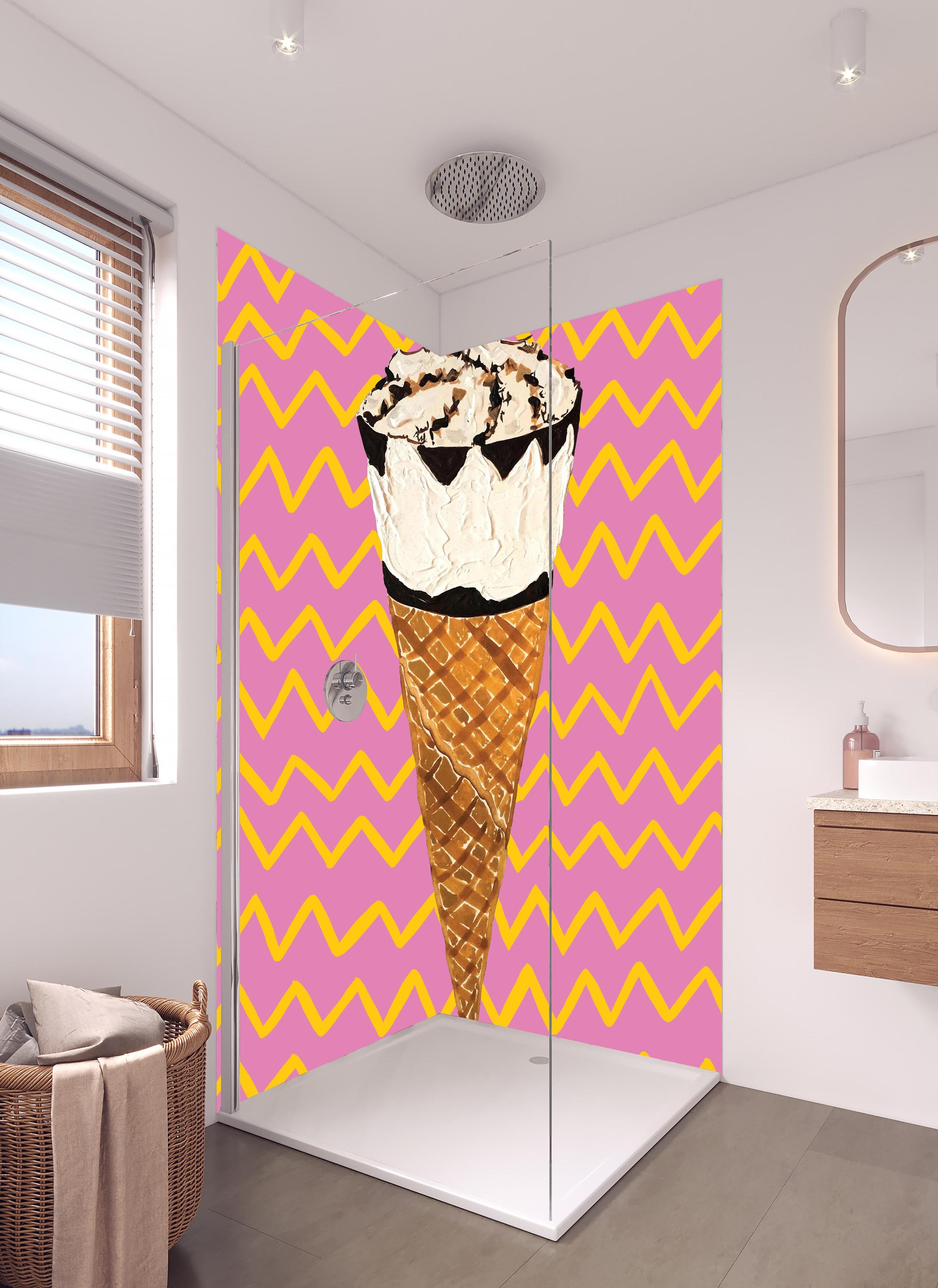 Duschrückwand - Pinkes Cornetto Eis - Gemälde in hellem Badezimmer mit Regenduschkopf - zweiteilige Eck-Duschrückwand