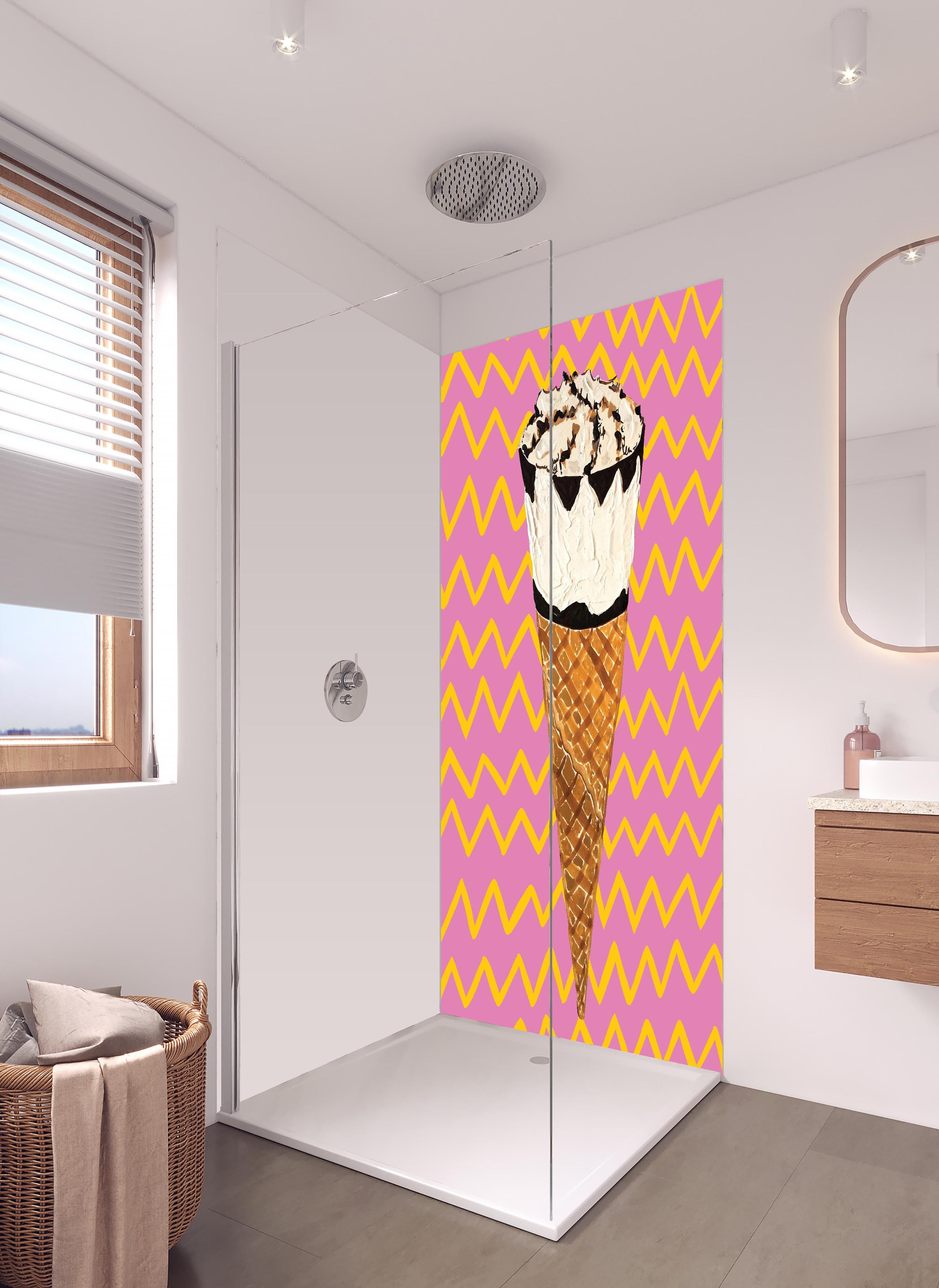 Duschrückwand - Pinkes Cornetto Eis - Gemälde in hellem Badezimmer mit Regenduschkopf - zweiteilige Eck-Duschrückwand