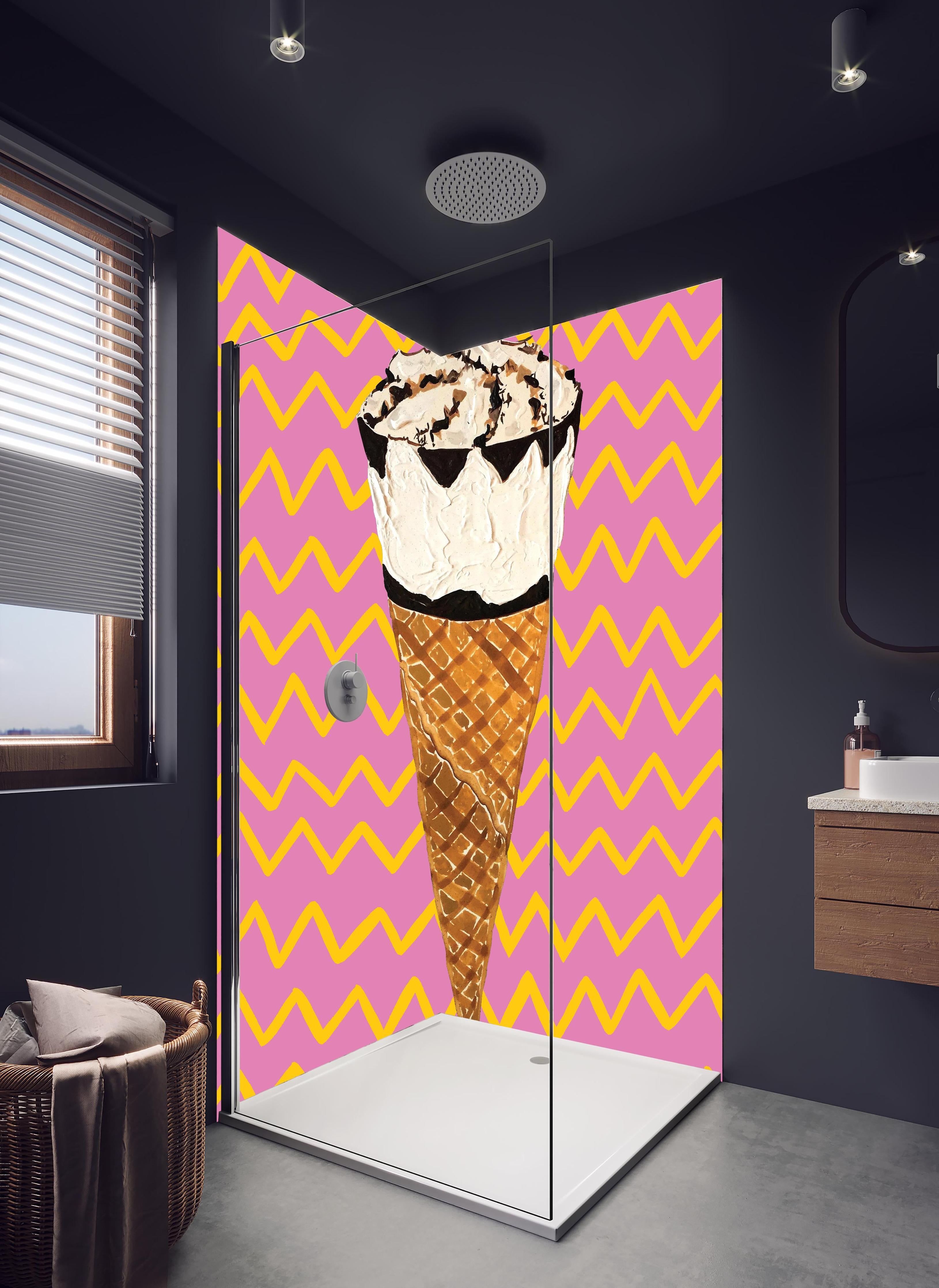 Duschrückwand - Pinkes Cornetto Eis - Gemälde in hellem Badezimmer mit Regenduschkopf - zweiteilige Eck-Duschrückwand