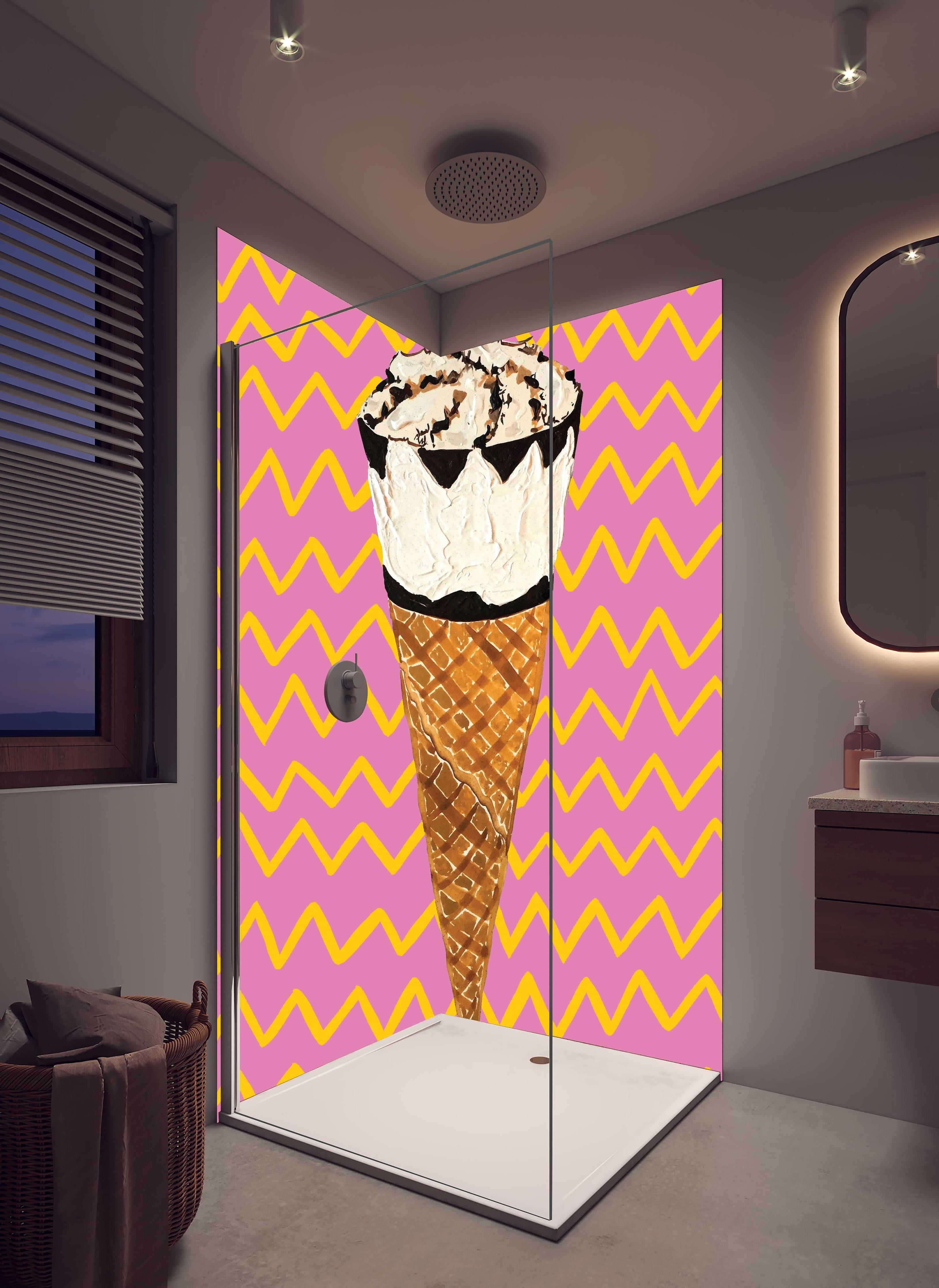 Duschrückwand - Pinkes Cornetto Eis - Gemälde in hellem Badezimmer mit Regenduschkopf - zweiteilige Eck-Duschrückwand