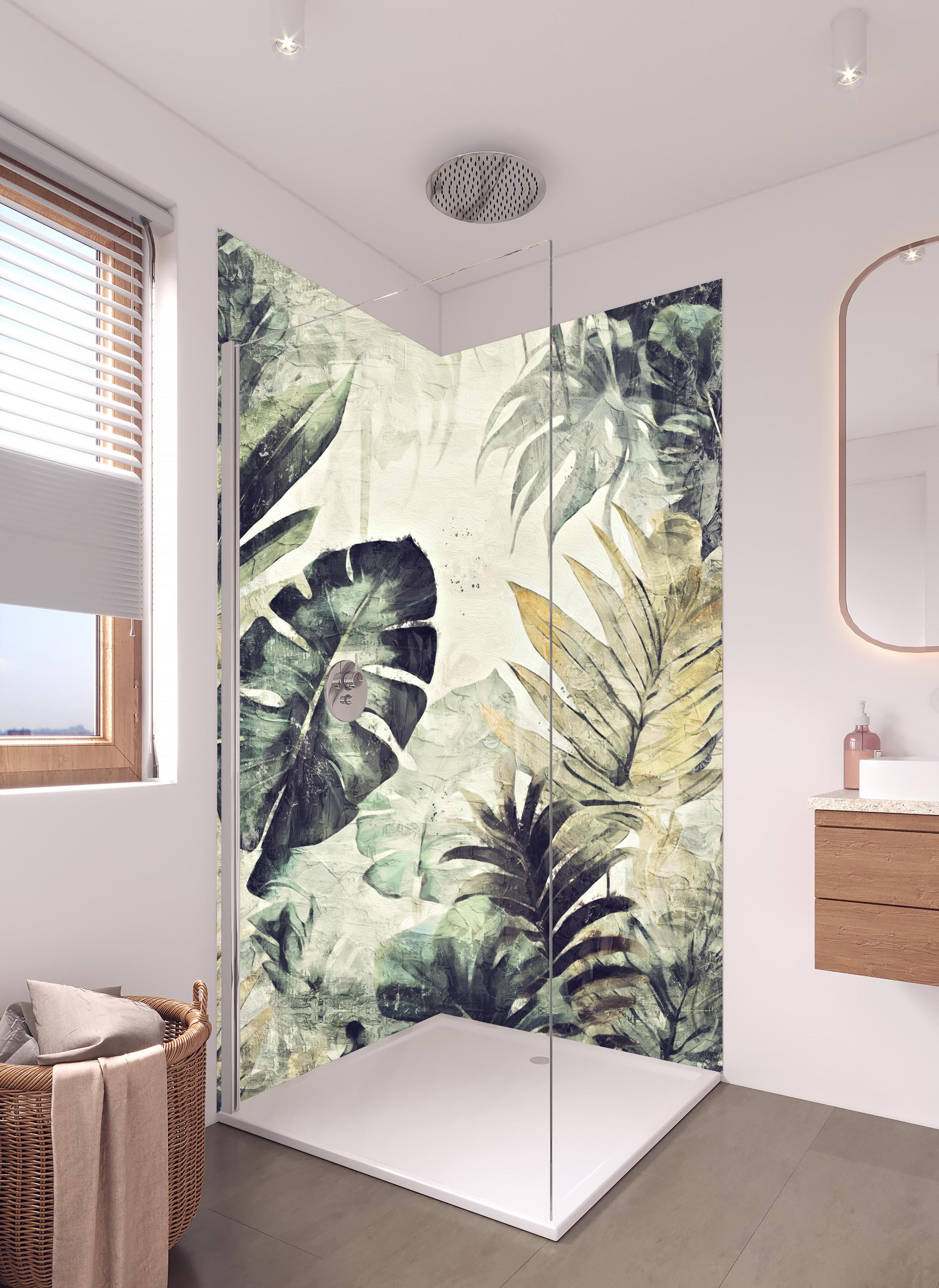 Duschrückwand - Pinselkunst - Floral in hellem Badezimmer mit Regenduschkopf - zweiteilige Eck-Duschrückwand