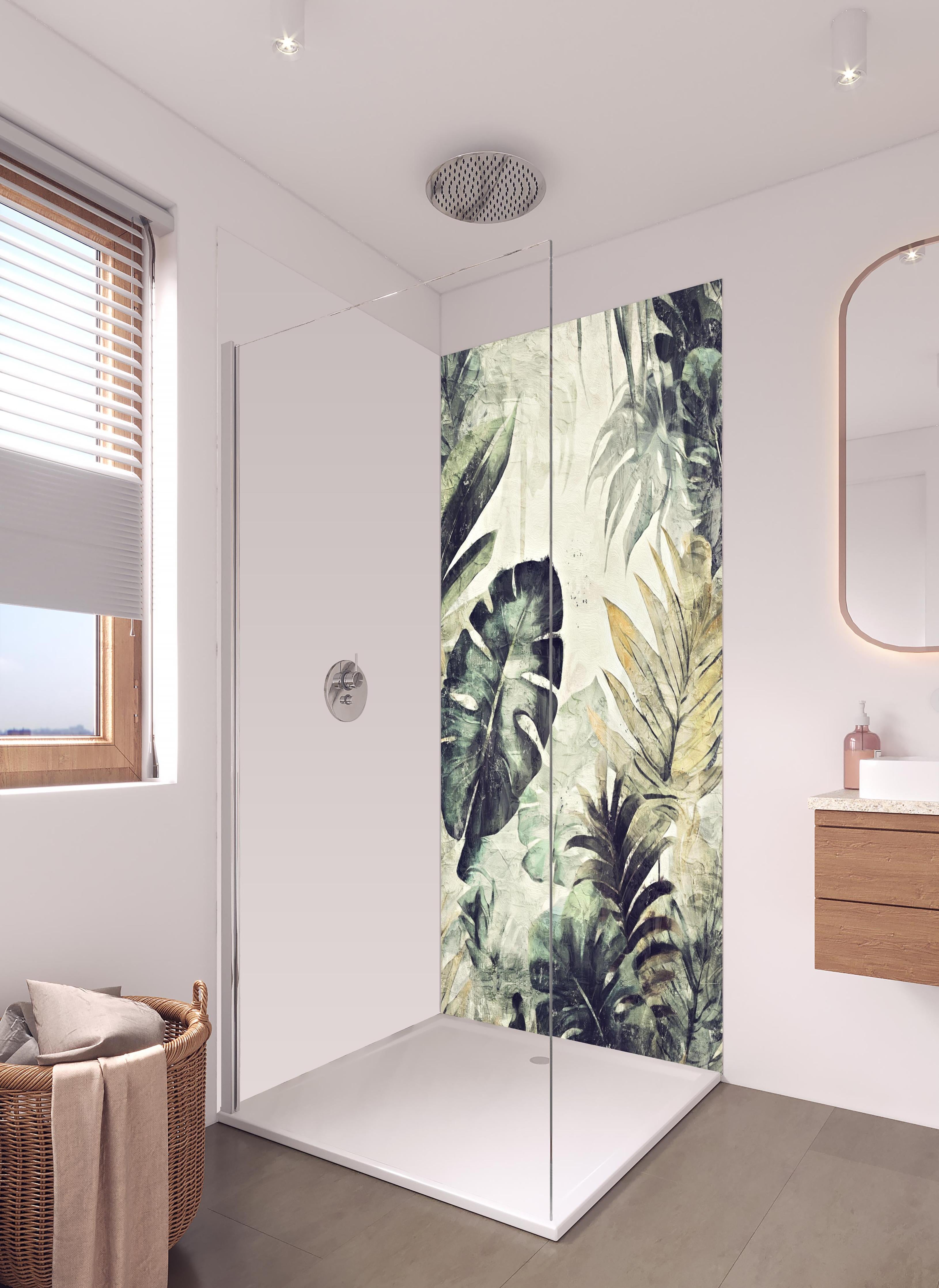 Duschrückwand - Pinselkunst - Floral in hellem Badezimmer mit Regenduschkopf - zweiteilige Eck-Duschrückwand