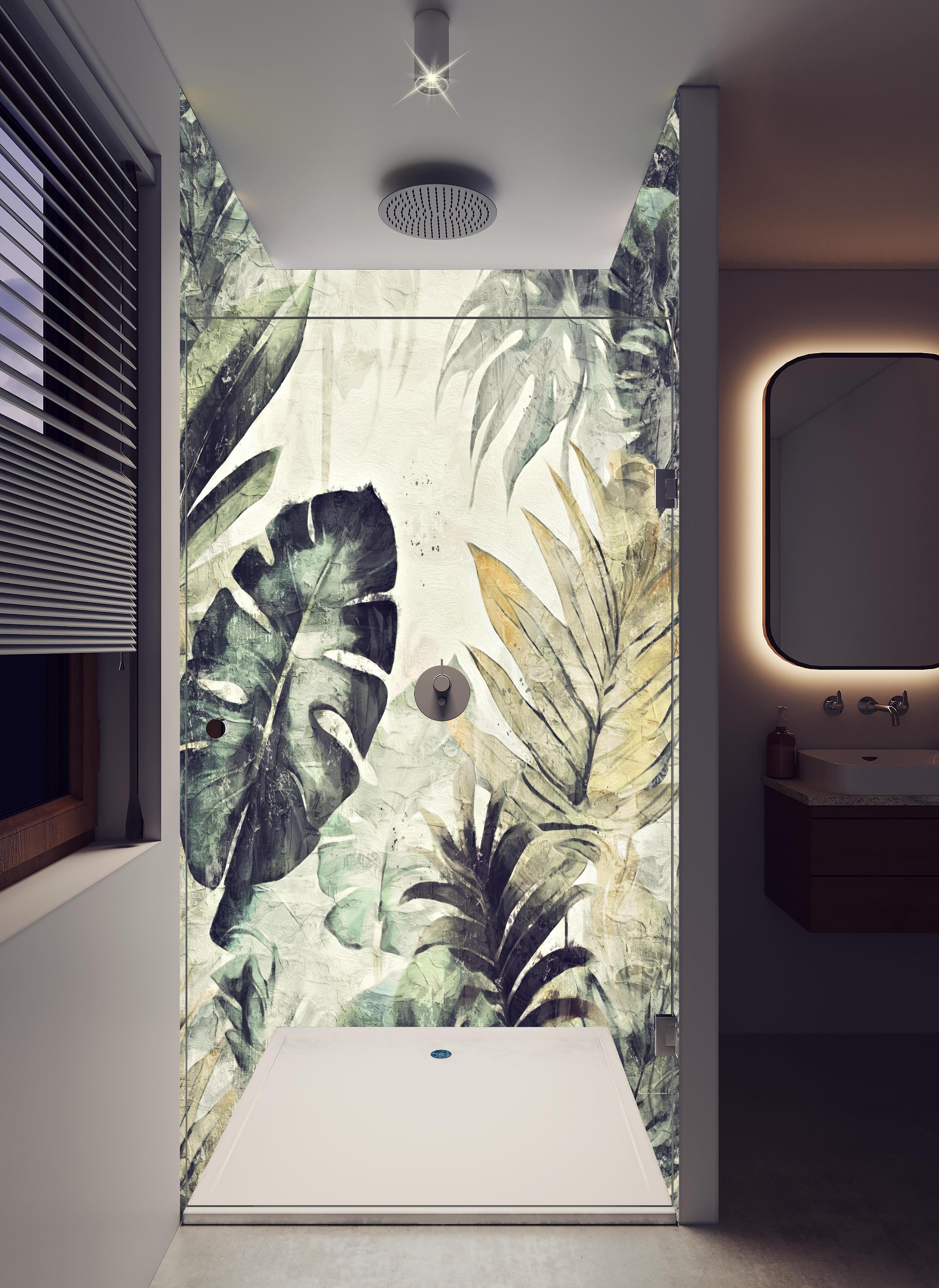 Duschrückwand - Pinselkunst - Floral in hellem Badezimmer mit Regenduschkopf - zweiteilige Eck-Duschrückwand