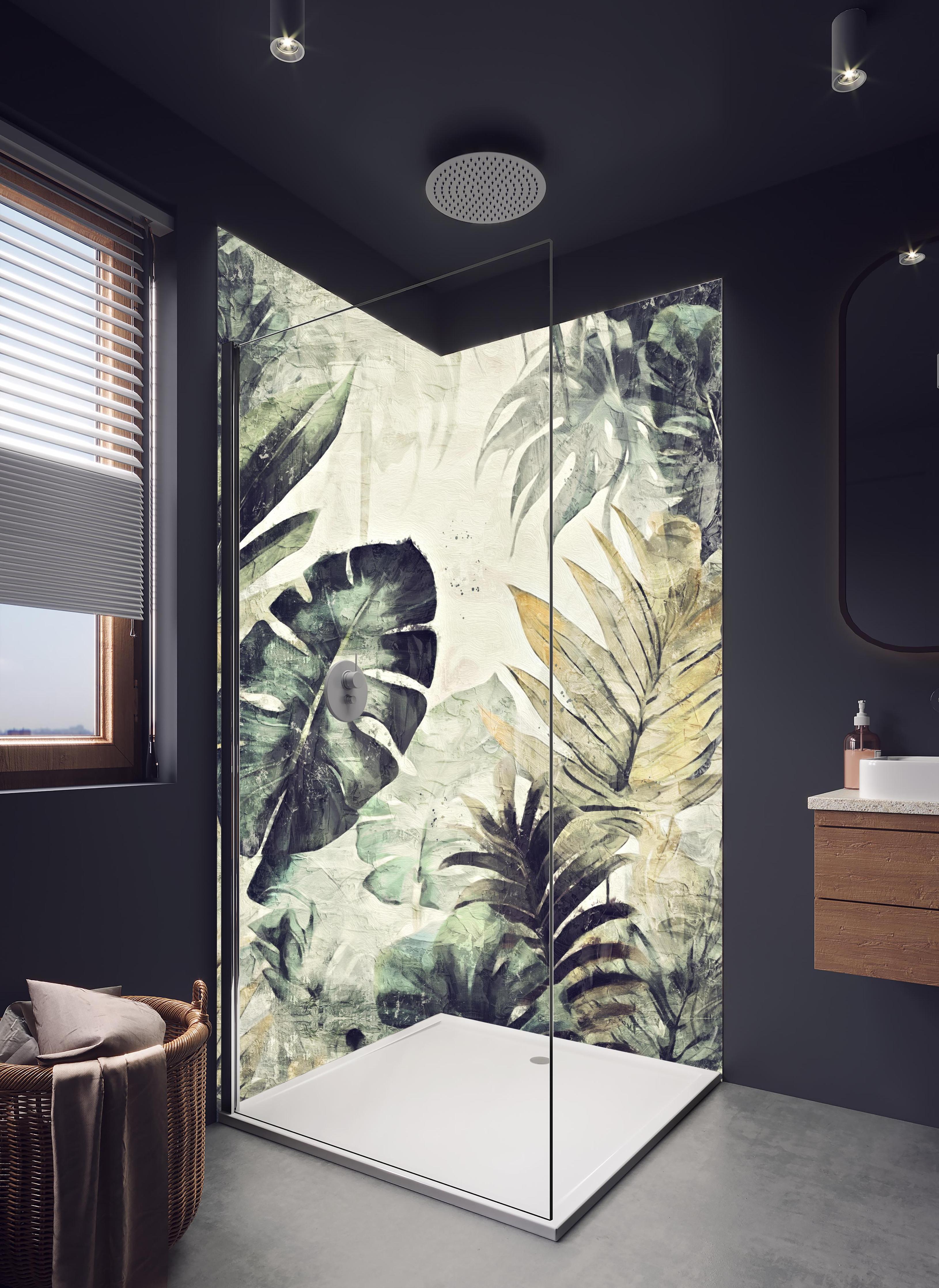 Duschrückwand - Pinselkunst - Floral in hellem Badezimmer mit Regenduschkopf - zweiteilige Eck-Duschrückwand