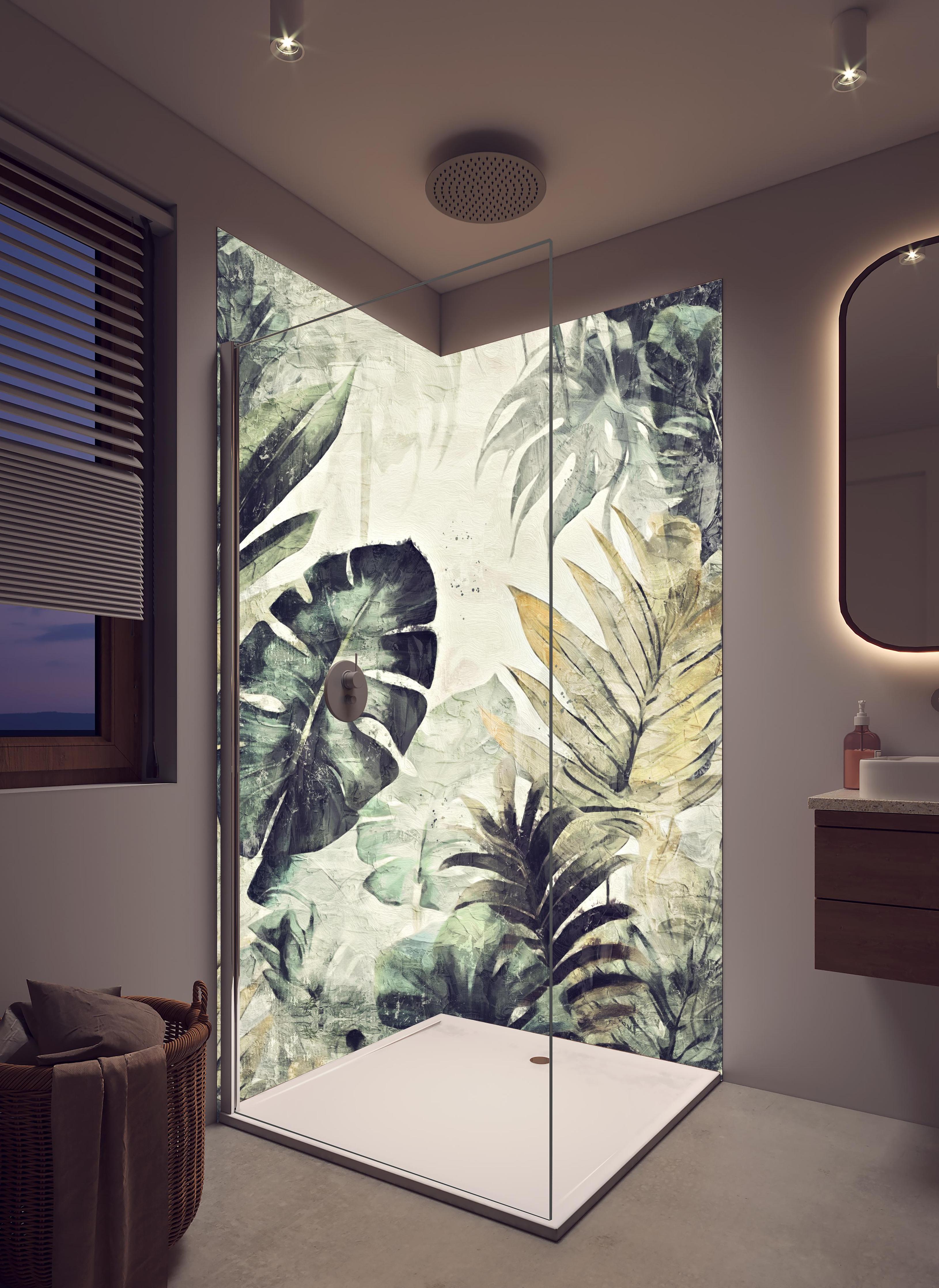 Duschrückwand - Pinselkunst - Floral in hellem Badezimmer mit Regenduschkopf - zweiteilige Eck-Duschrückwand