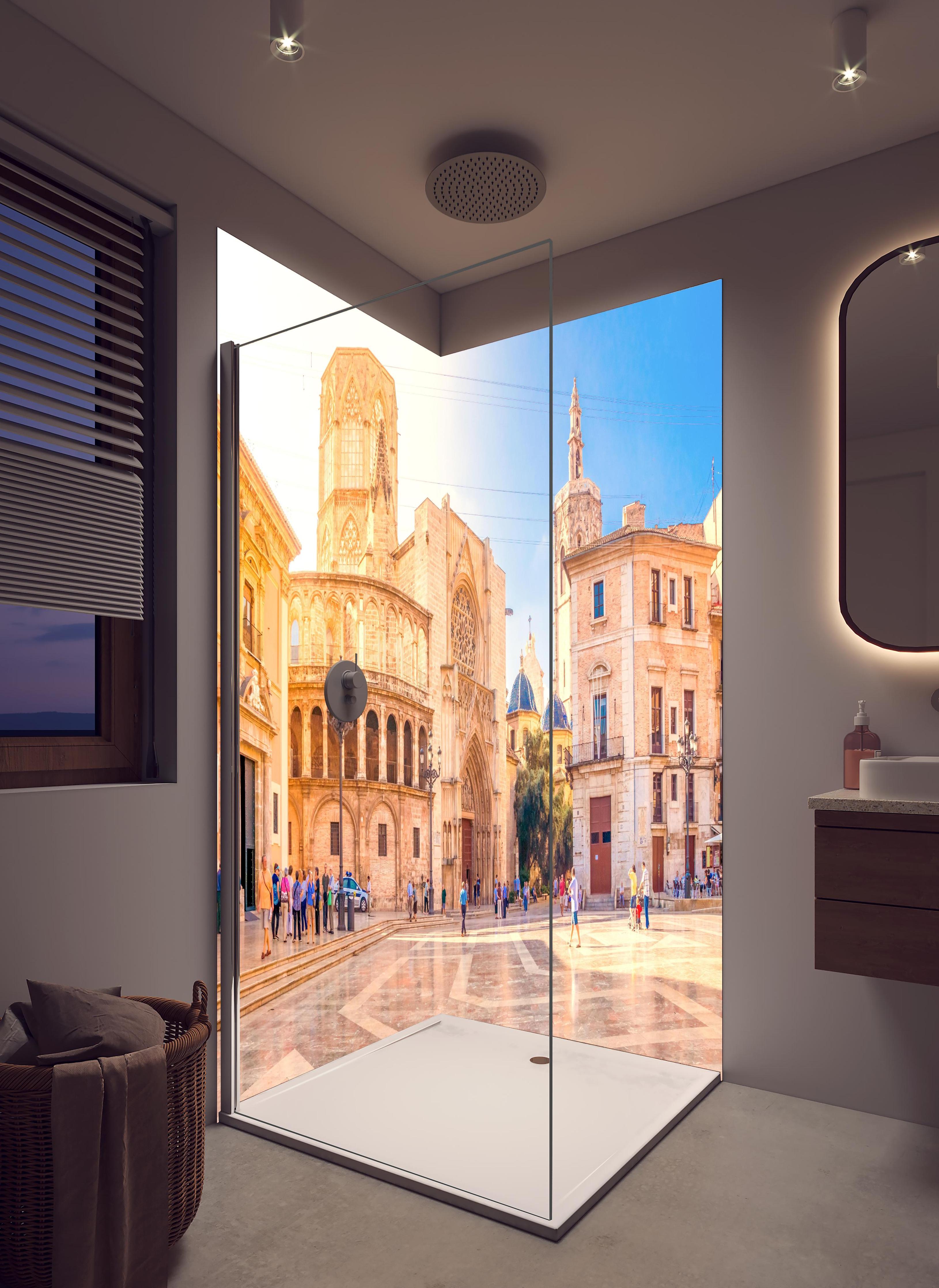 Duschrückwand - Plaza de la Virgen in Spanien in hellem Badezimmer mit Regenduschkopf - zweiteilige Eck-Duschrückwand