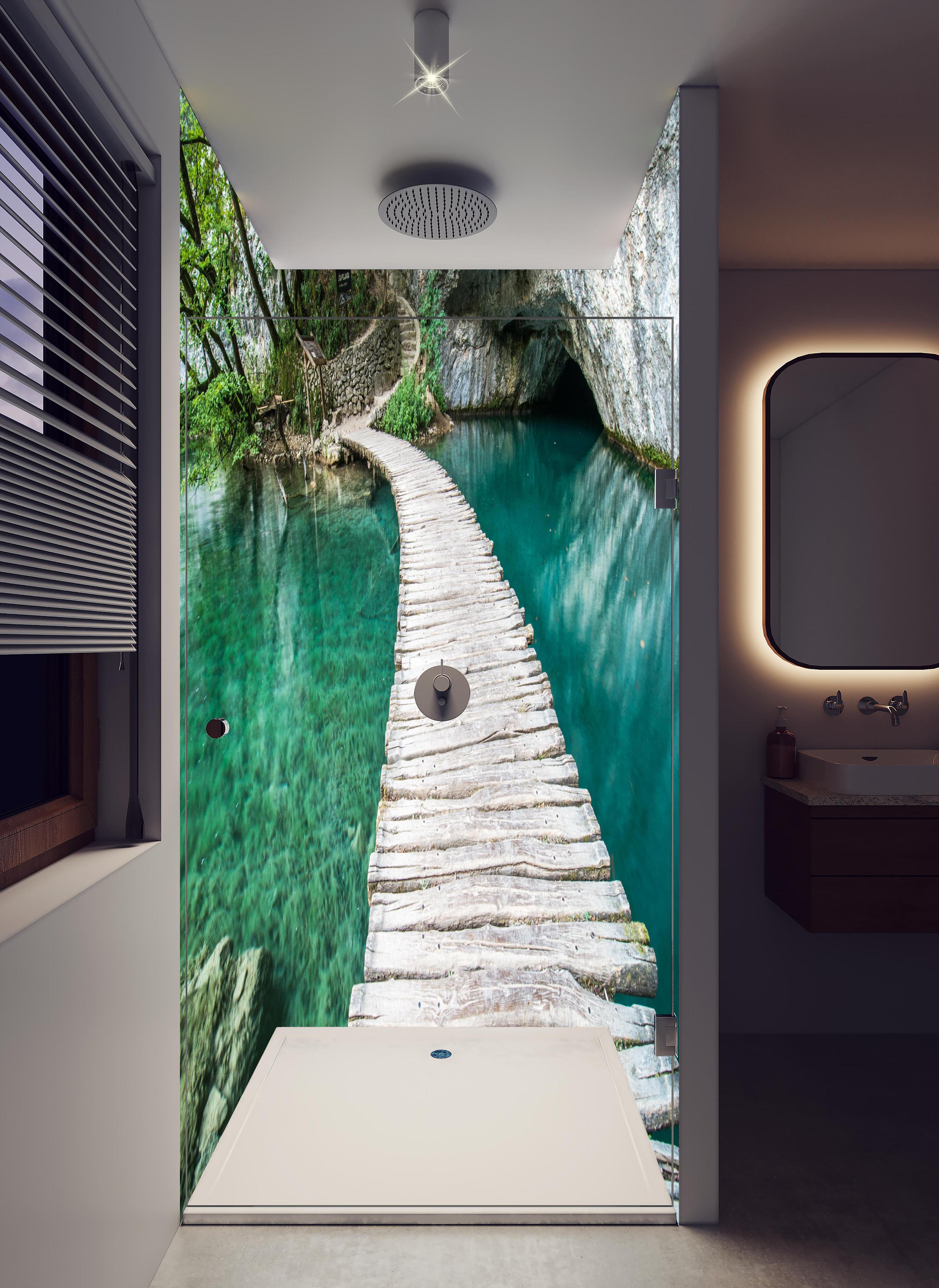 Duschrückwand - Plitvicer Brücke in Kroatien in hellem Badezimmer mit Regenduschkopf - zweiteilige Eck-Duschrückwand
