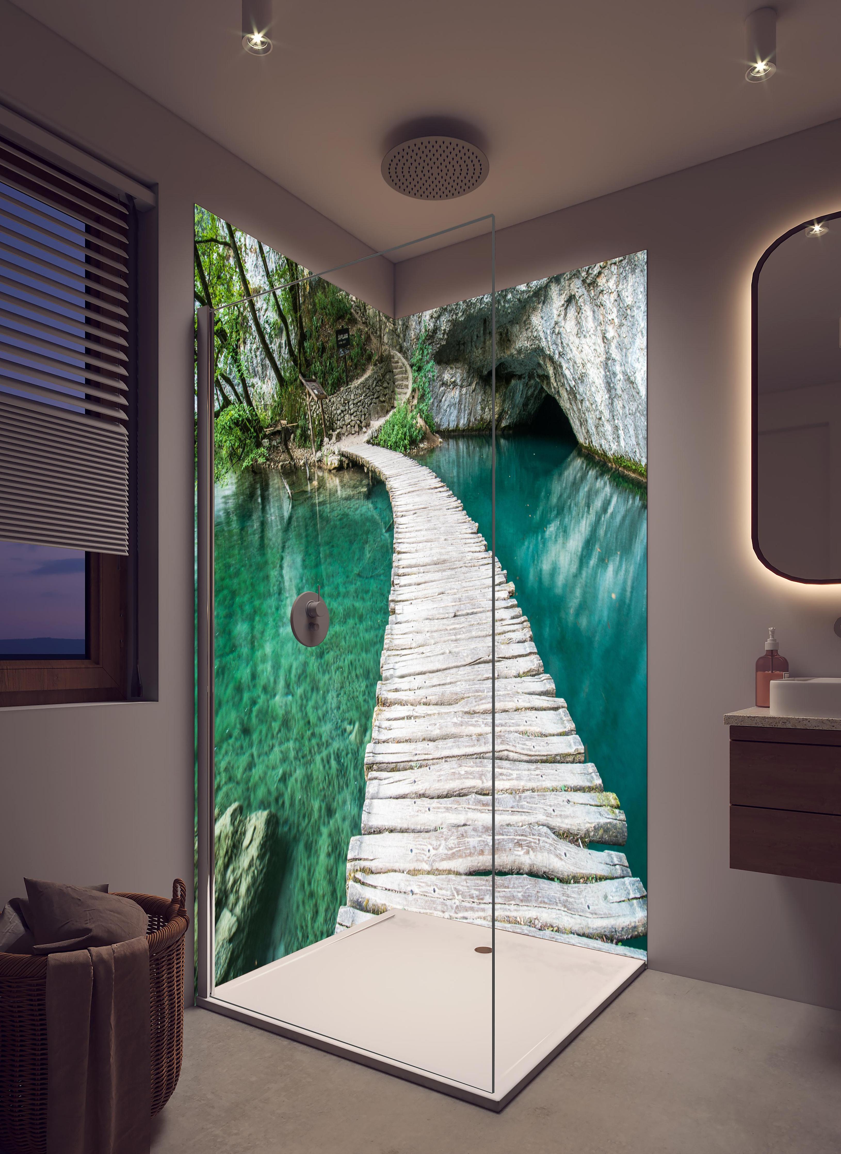 Duschrückwand - Plitvicer Brücke in Kroatien in hellem Badezimmer mit Regenduschkopf - zweiteilige Eck-Duschrückwand