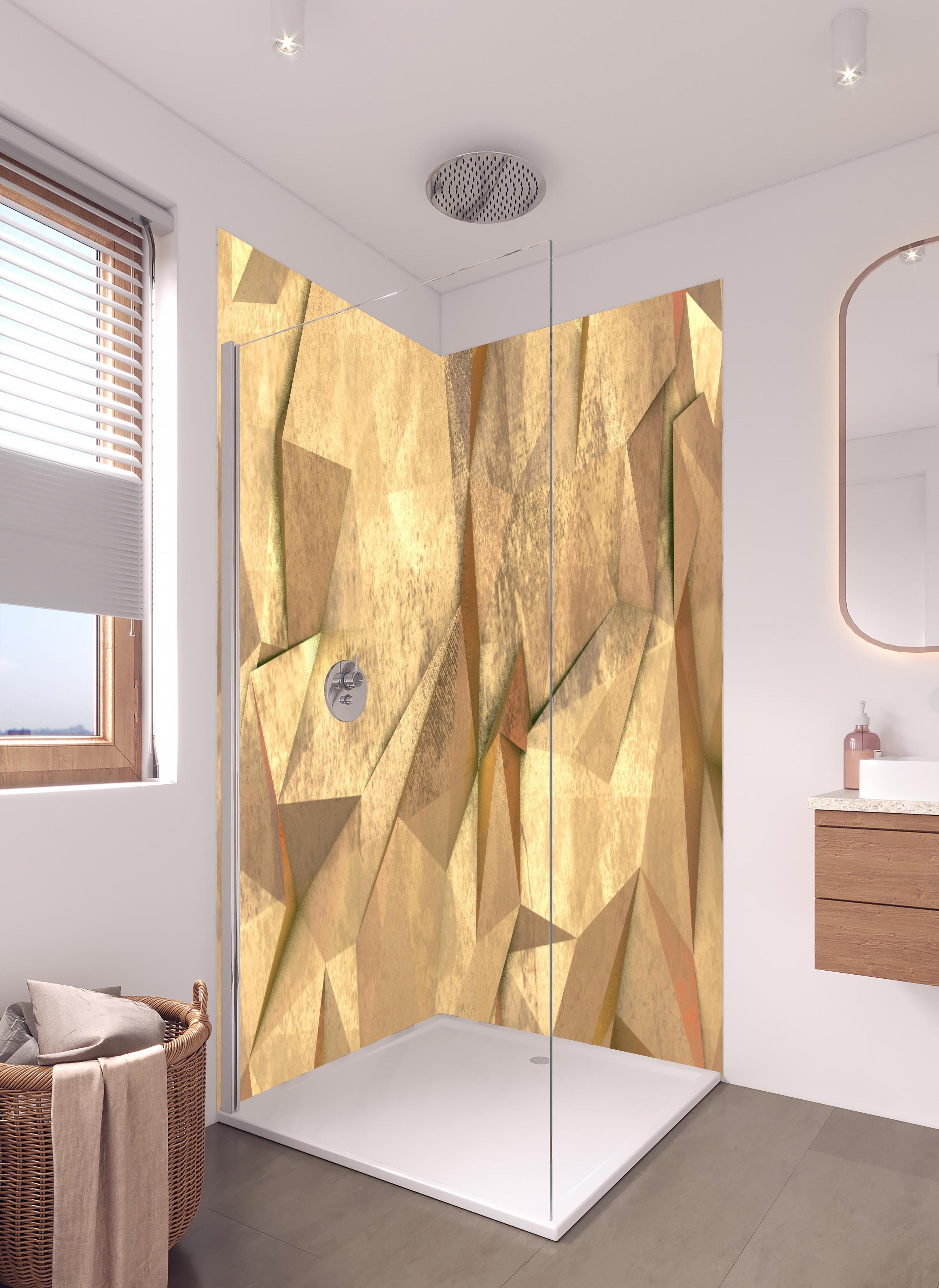 Duschrückwand - Polygonale Hntergrund Textur in hellem Badezimmer mit Regenduschkopf - zweiteilige Eck-Duschrückwand