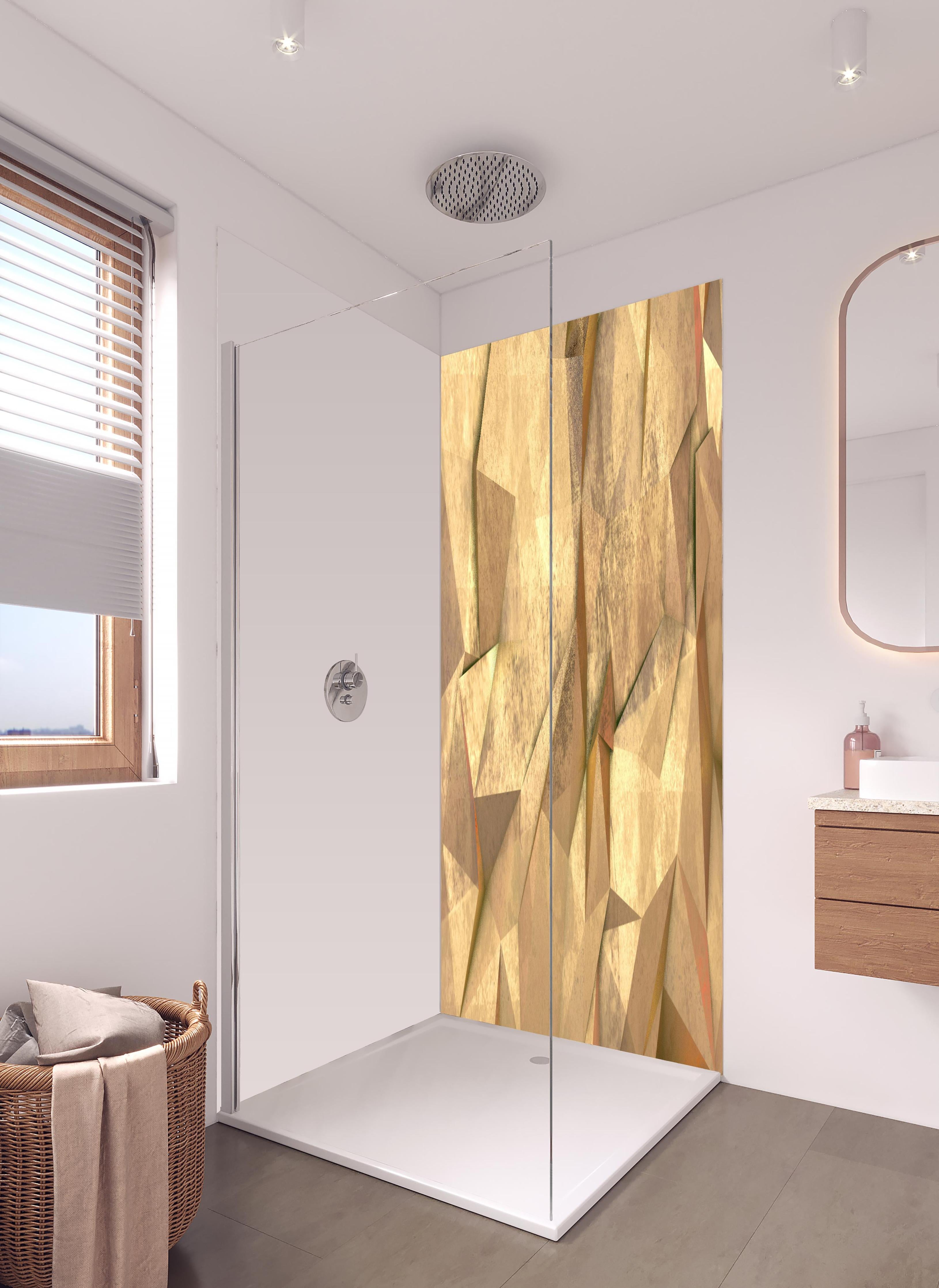 Duschrückwand - Polygonale Hntergrund Textur in hellem Badezimmer mit Regenduschkopf - zweiteilige Eck-Duschrückwand