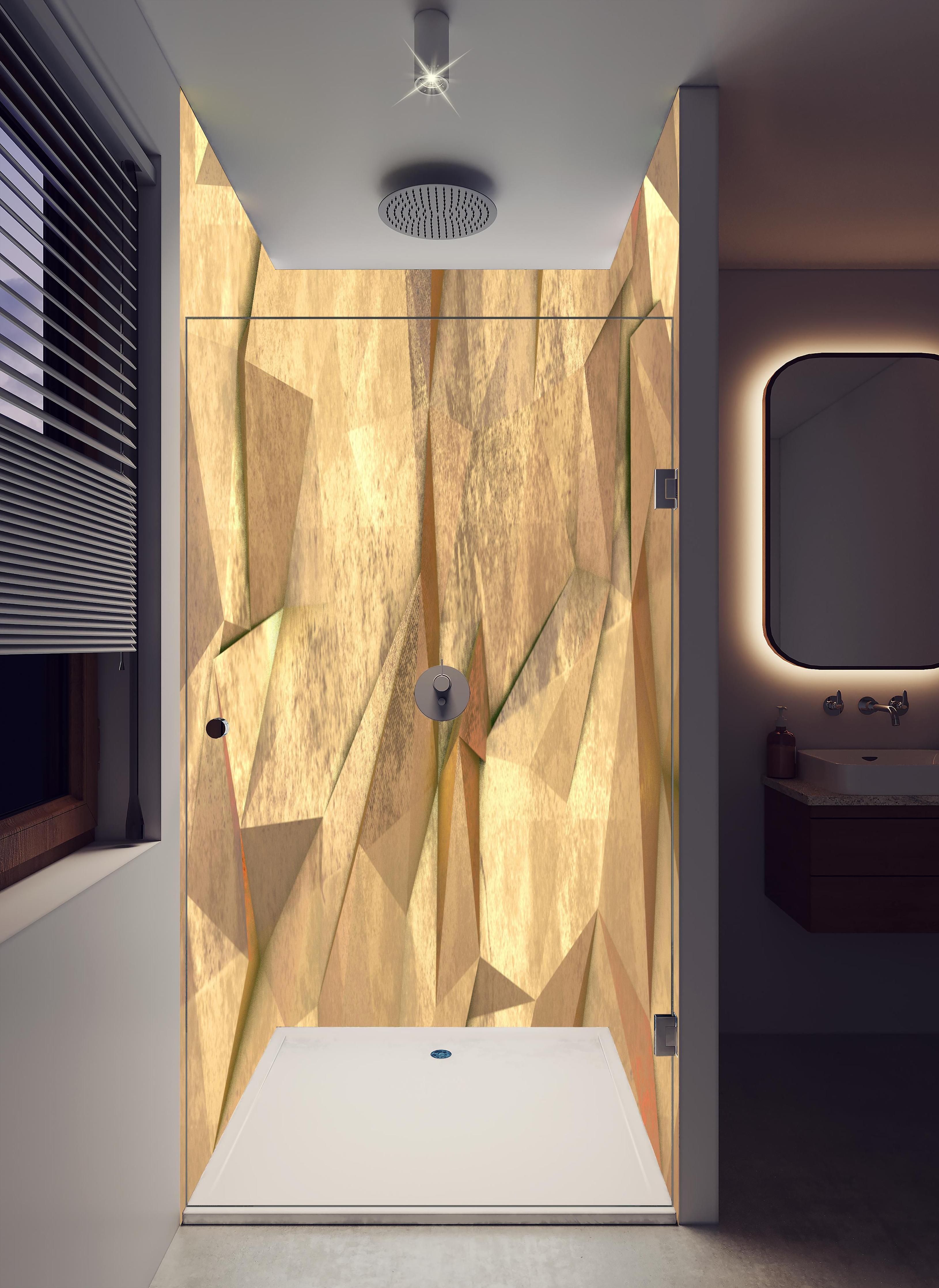 Duschrückwand - Polygonale Hntergrund Textur in hellem Badezimmer mit Regenduschkopf - zweiteilige Eck-Duschrückwand