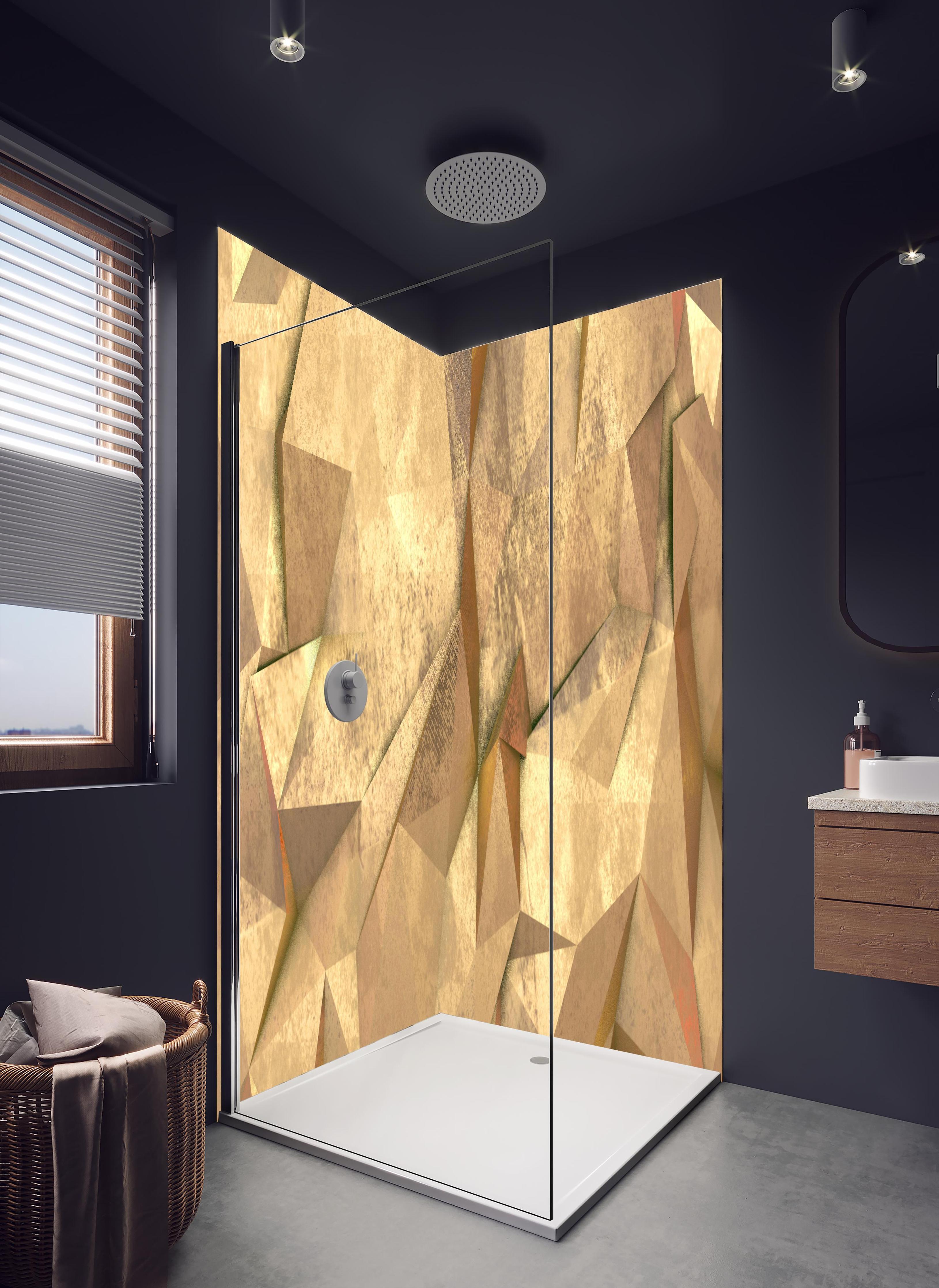 Duschrückwand - Polygonale Hntergrund Textur in hellem Badezimmer mit Regenduschkopf - zweiteilige Eck-Duschrückwand