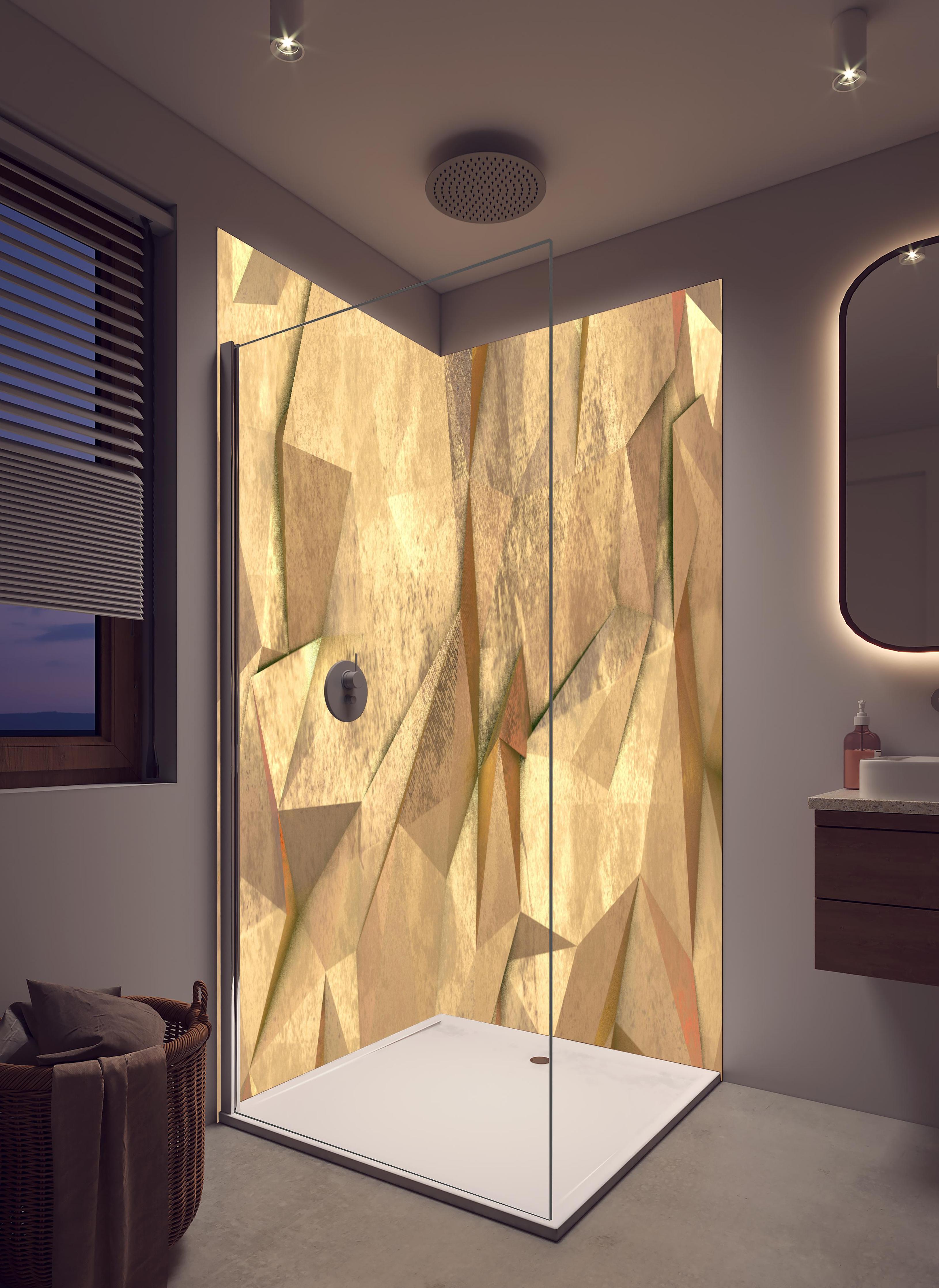 Duschrückwand - Polygonale Hntergrund Textur in hellem Badezimmer mit Regenduschkopf - zweiteilige Eck-Duschrückwand