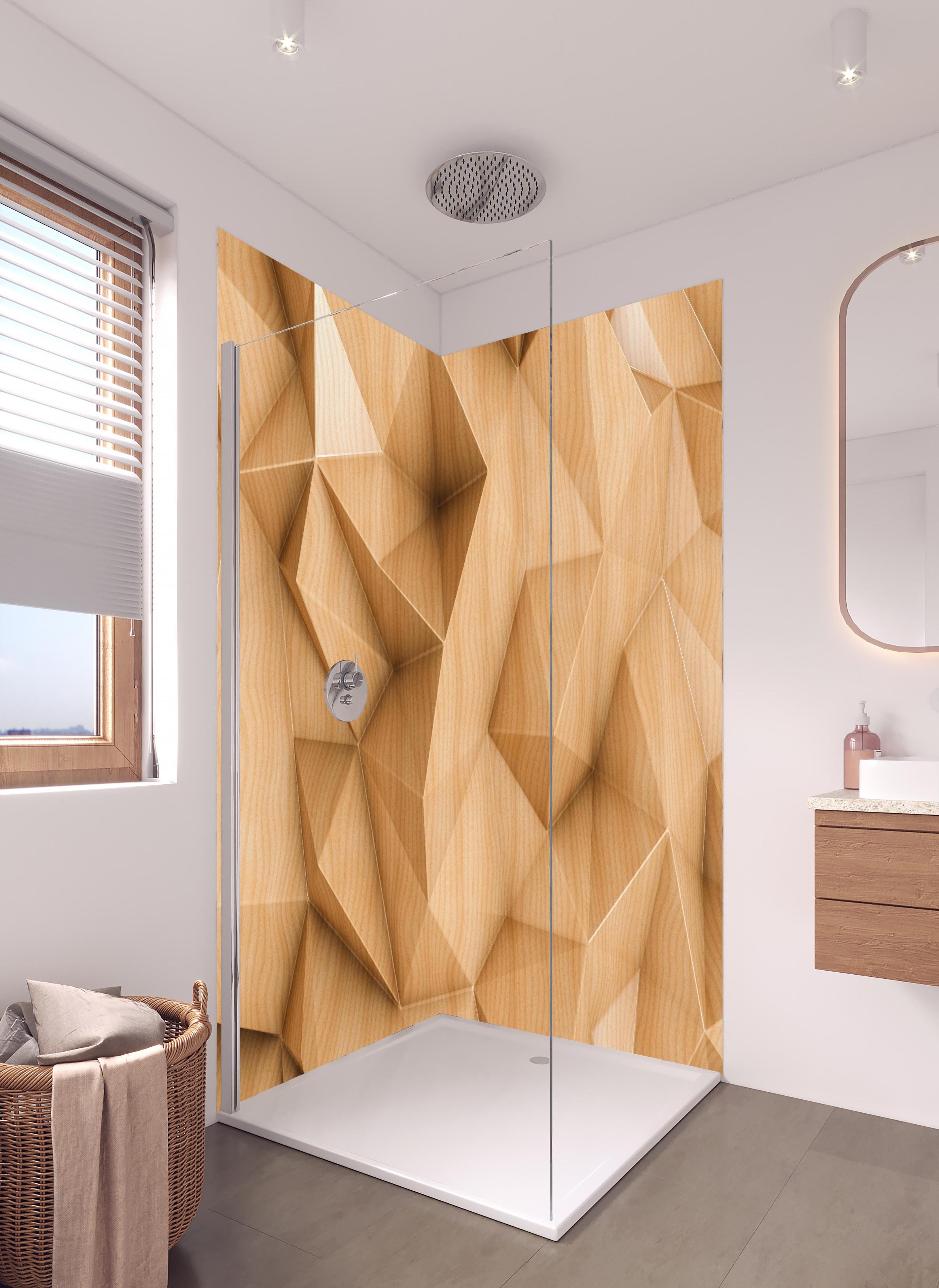 Duschrückwand - Polygonaler abstrakter Hintergrund in hellem Badezimmer mit Regenduschkopf - zweiteilige Eck-Duschrückwand