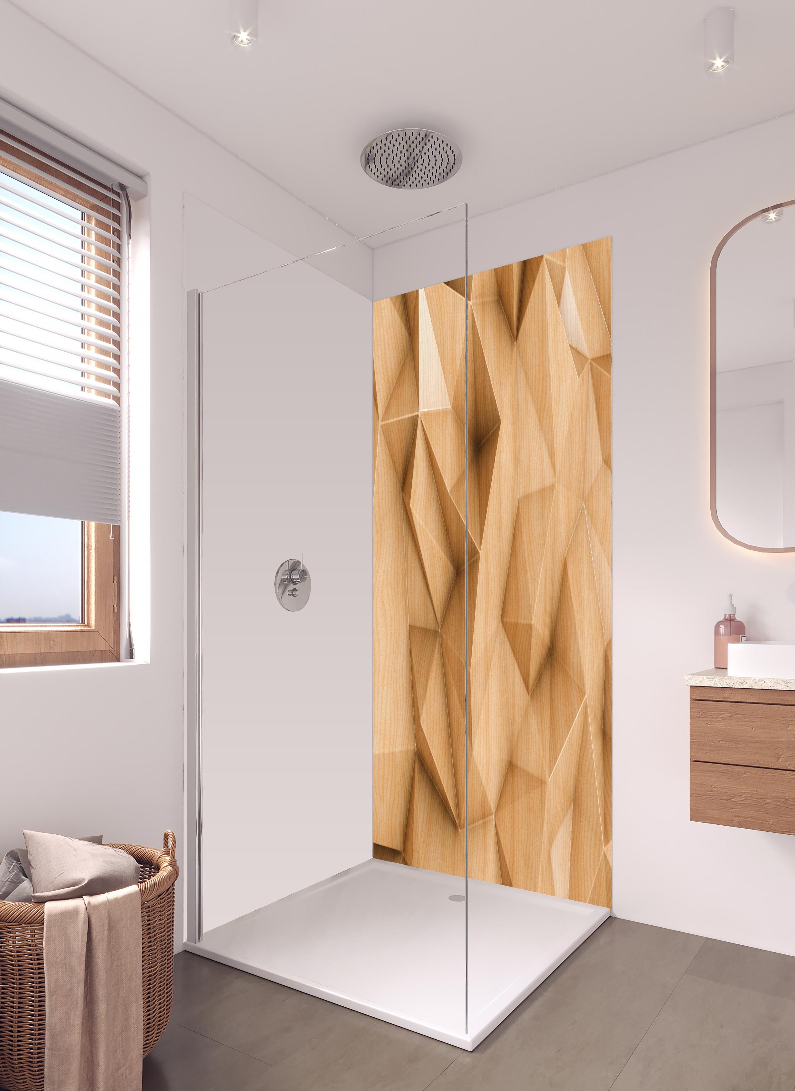 Duschrückwand - Polygonaler abstrakter Hintergrund in hellem Badezimmer mit Regenduschkopf - zweiteilige Eck-Duschrückwand