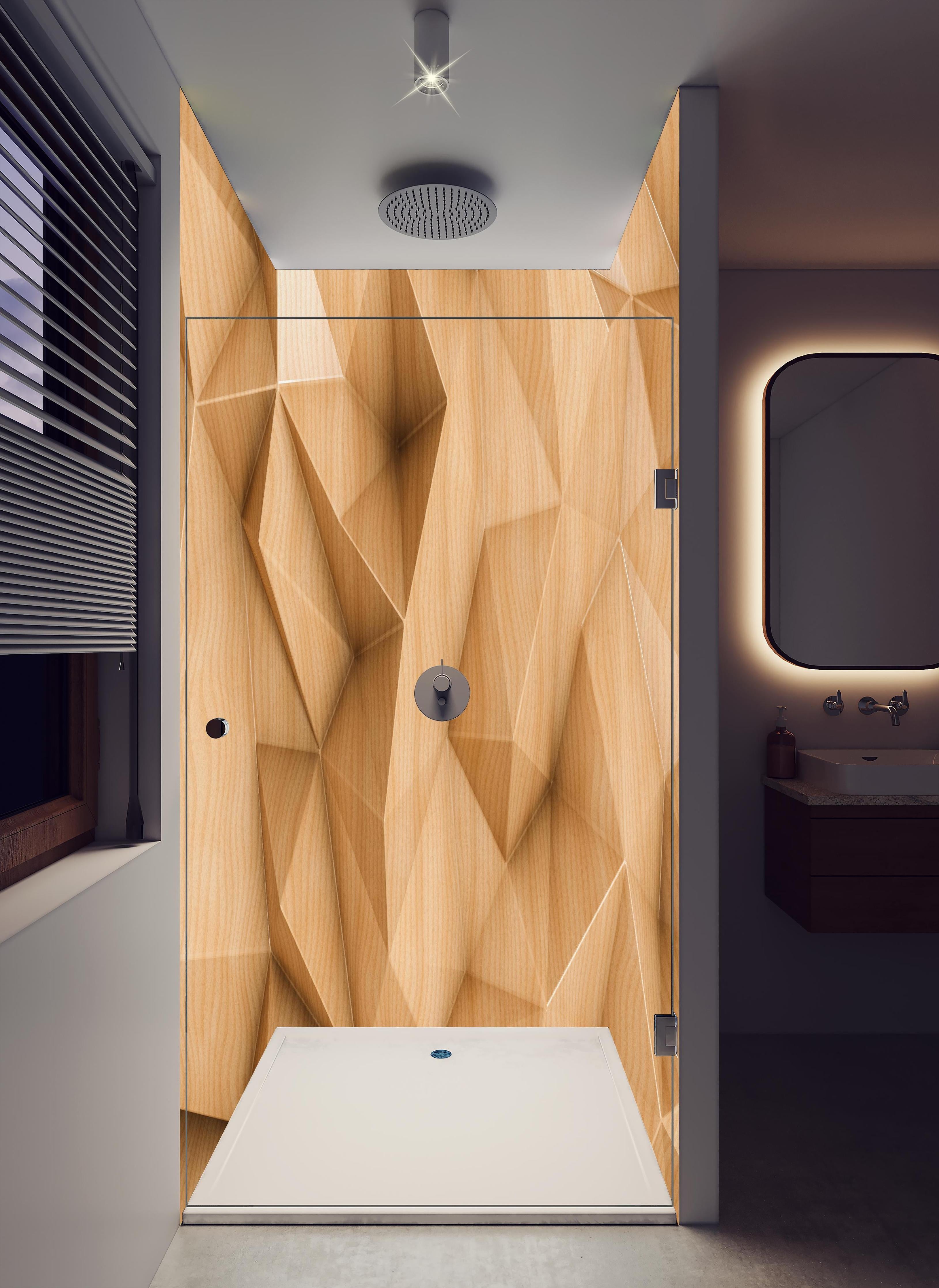 Duschrückwand - Polygonaler abstrakter Hintergrund in hellem Badezimmer mit Regenduschkopf - zweiteilige Eck-Duschrückwand