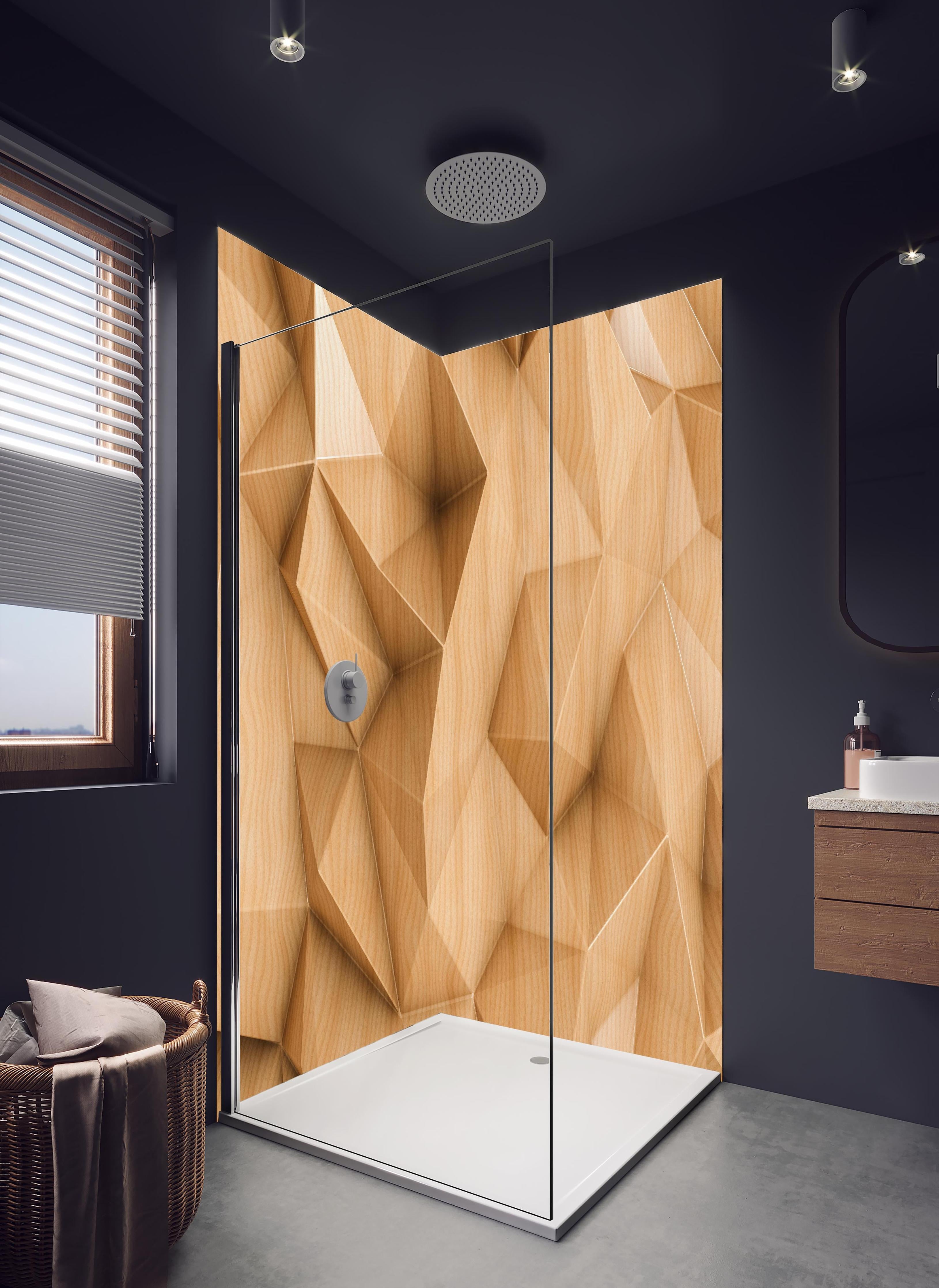 Duschrückwand - Polygonaler abstrakter Hintergrund in hellem Badezimmer mit Regenduschkopf - zweiteilige Eck-Duschrückwand