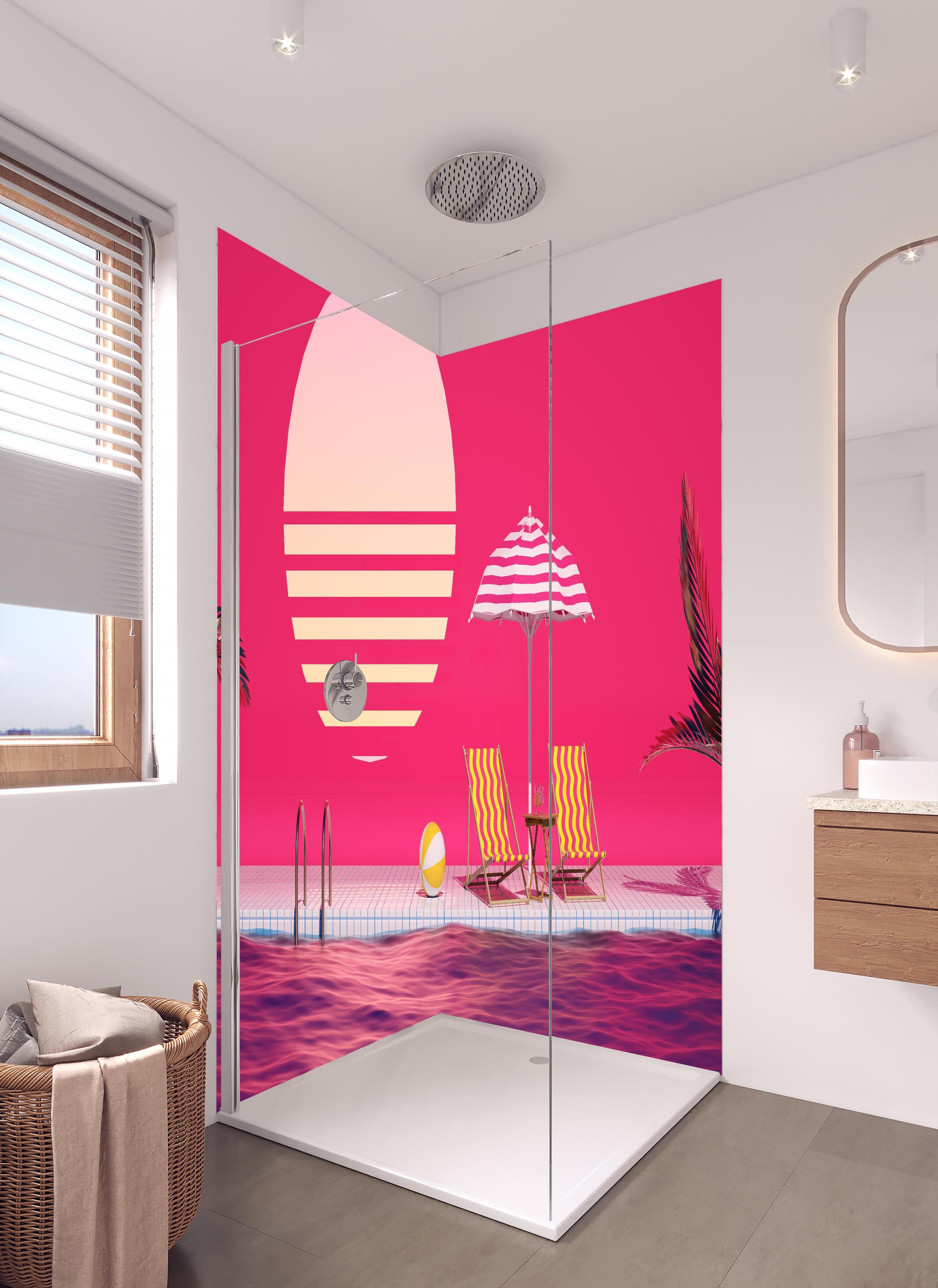 Duschrückwand - Poolparty mit Tropendeko Rosa in hellem Badezimmer mit Regenduschkopf - zweiteilige Eck-Duschrückwand
