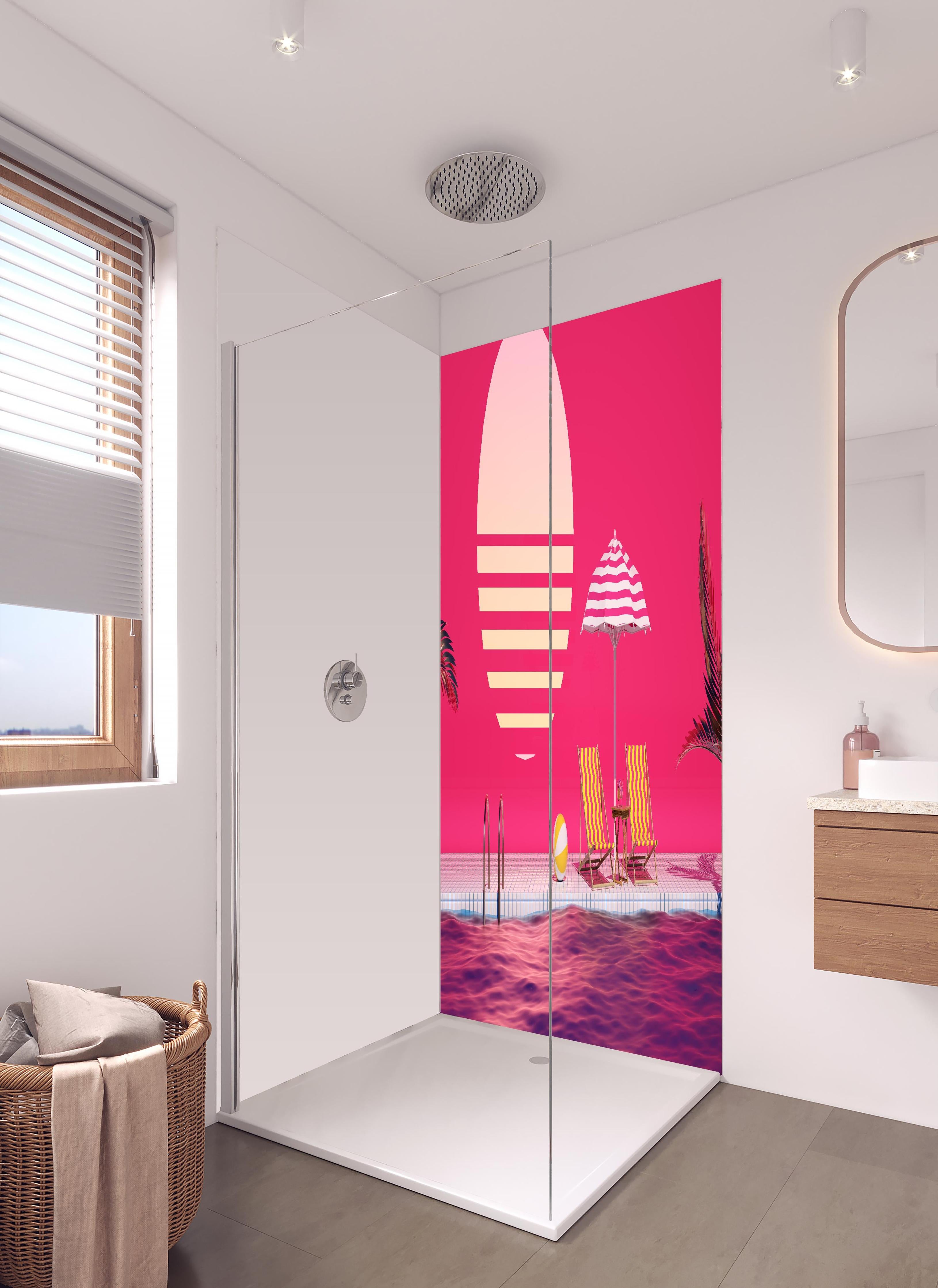 Duschrückwand - Poolparty mit Tropendeko Rosa in hellem Badezimmer mit Regenduschkopf - zweiteilige Eck-Duschrückwand