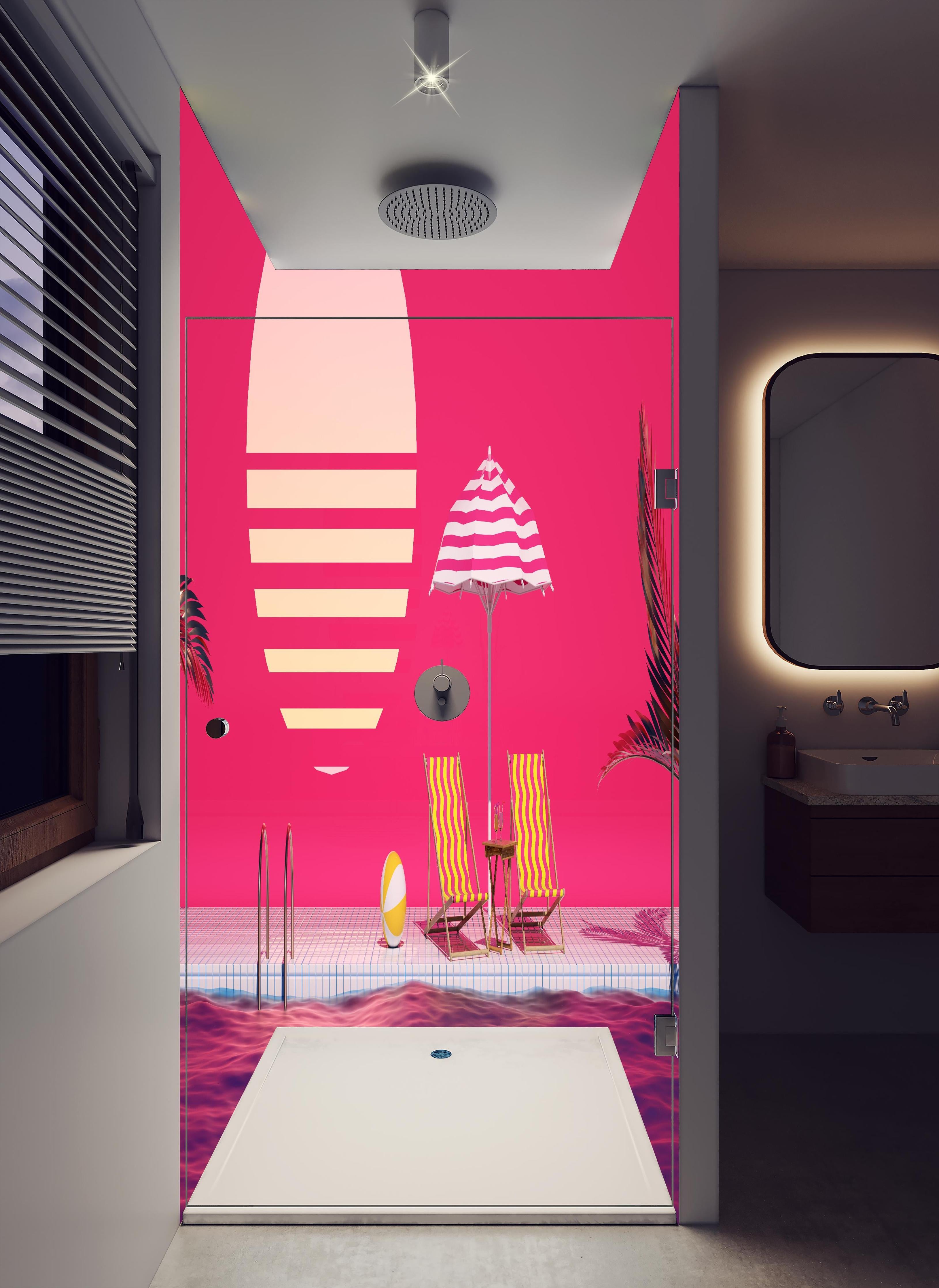 Duschrückwand - Poolparty mit Tropendeko Rosa in hellem Badezimmer mit Regenduschkopf - zweiteilige Eck-Duschrückwand