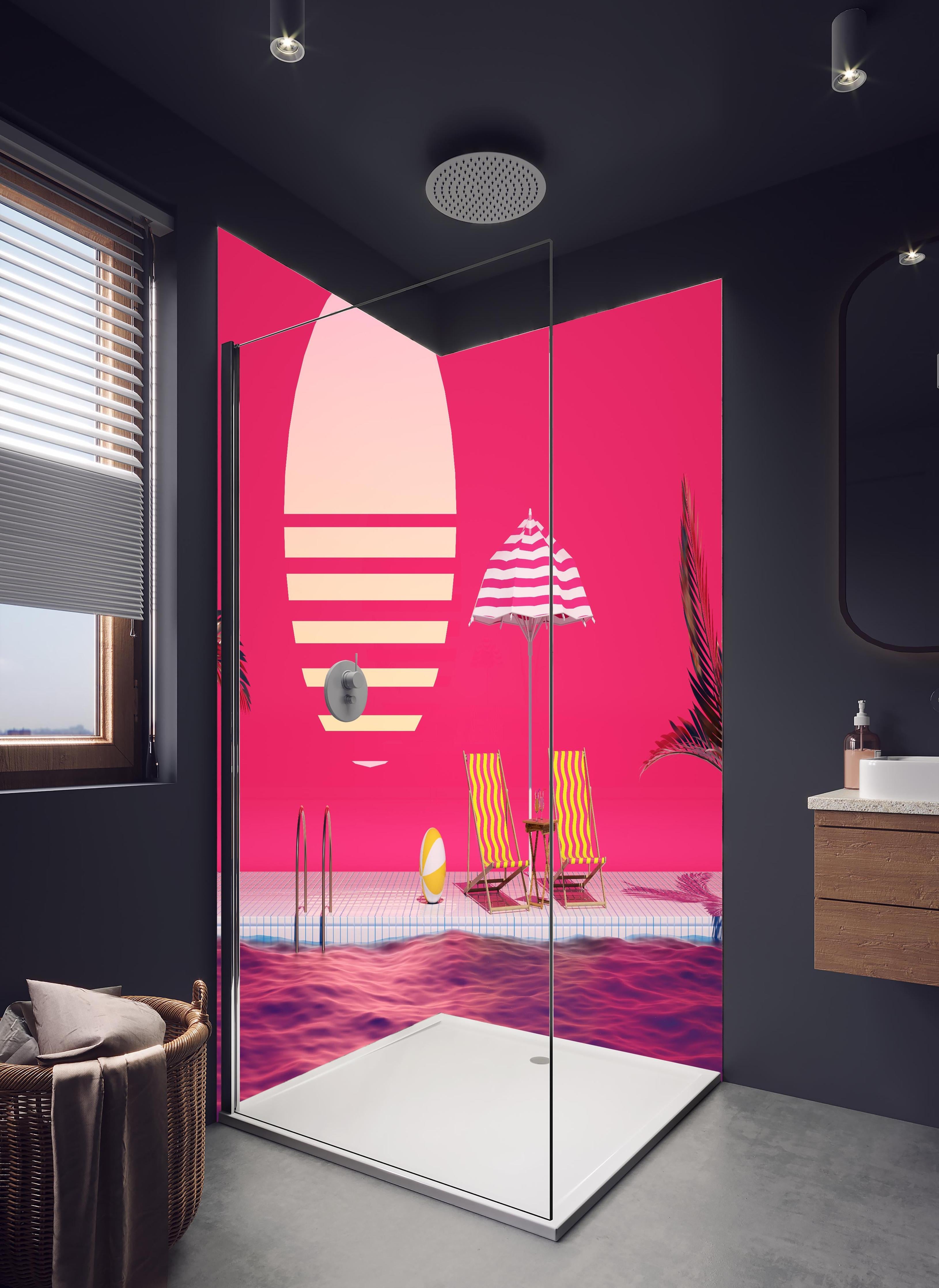 Duschrückwand - Poolparty mit Tropendeko Rosa in hellem Badezimmer mit Regenduschkopf - zweiteilige Eck-Duschrückwand