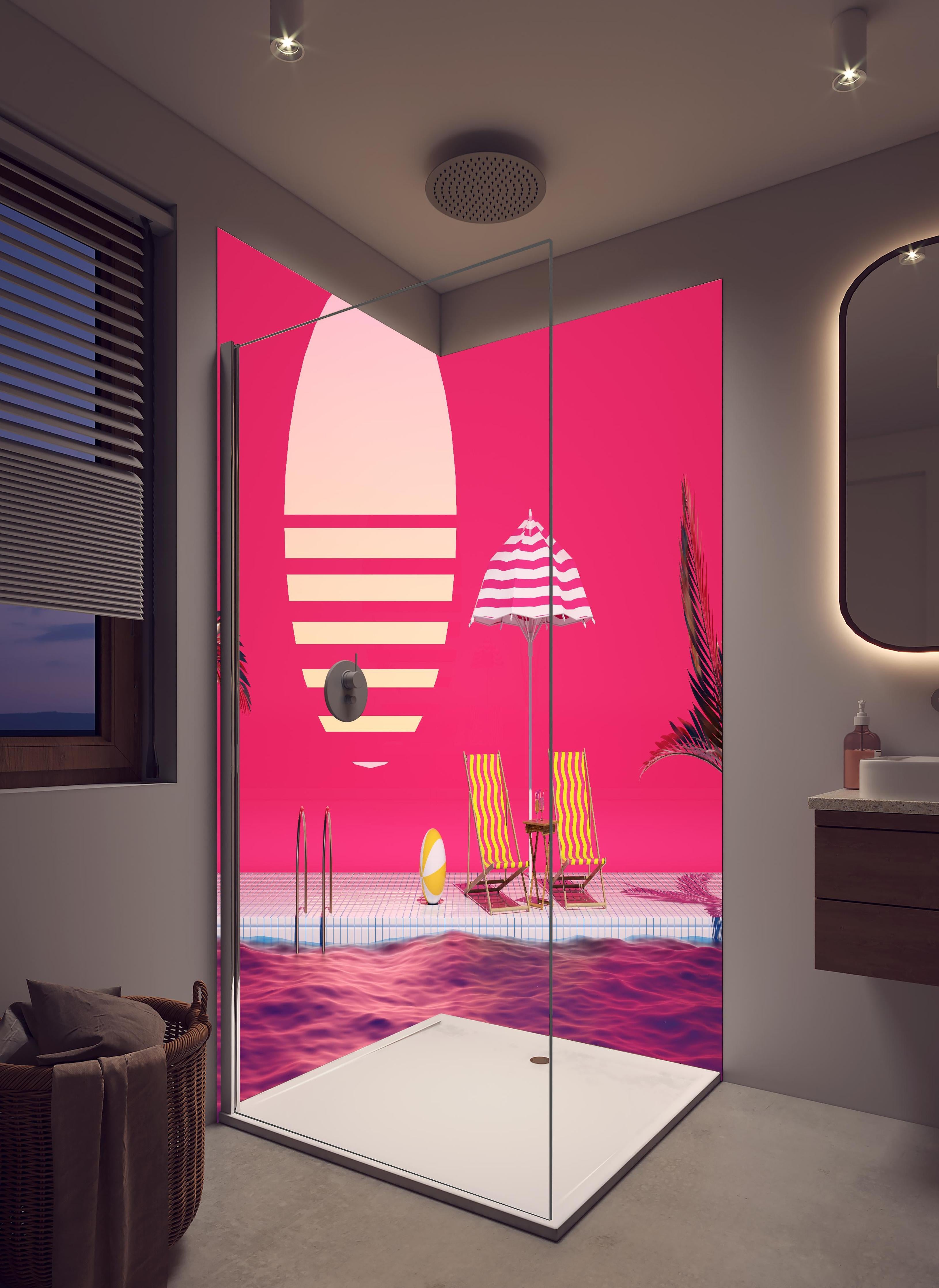 Duschrückwand - Poolparty mit Tropendeko Rosa in hellem Badezimmer mit Regenduschkopf - zweiteilige Eck-Duschrückwand