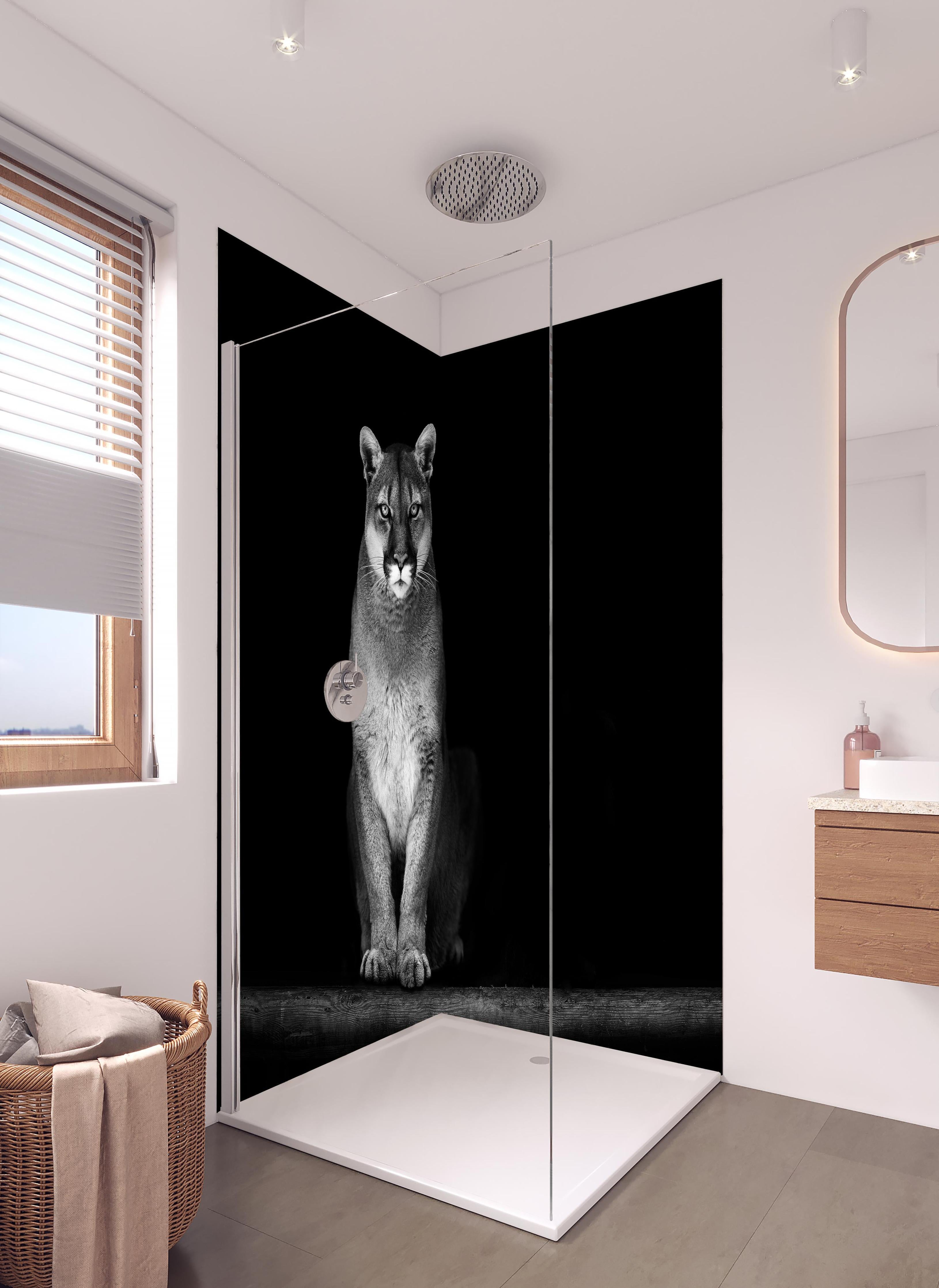 Duschrückwand - Porträt des Bergpumas in hellem Badezimmer mit Regenduschkopf - zweiteilige Eck-Duschrückwand