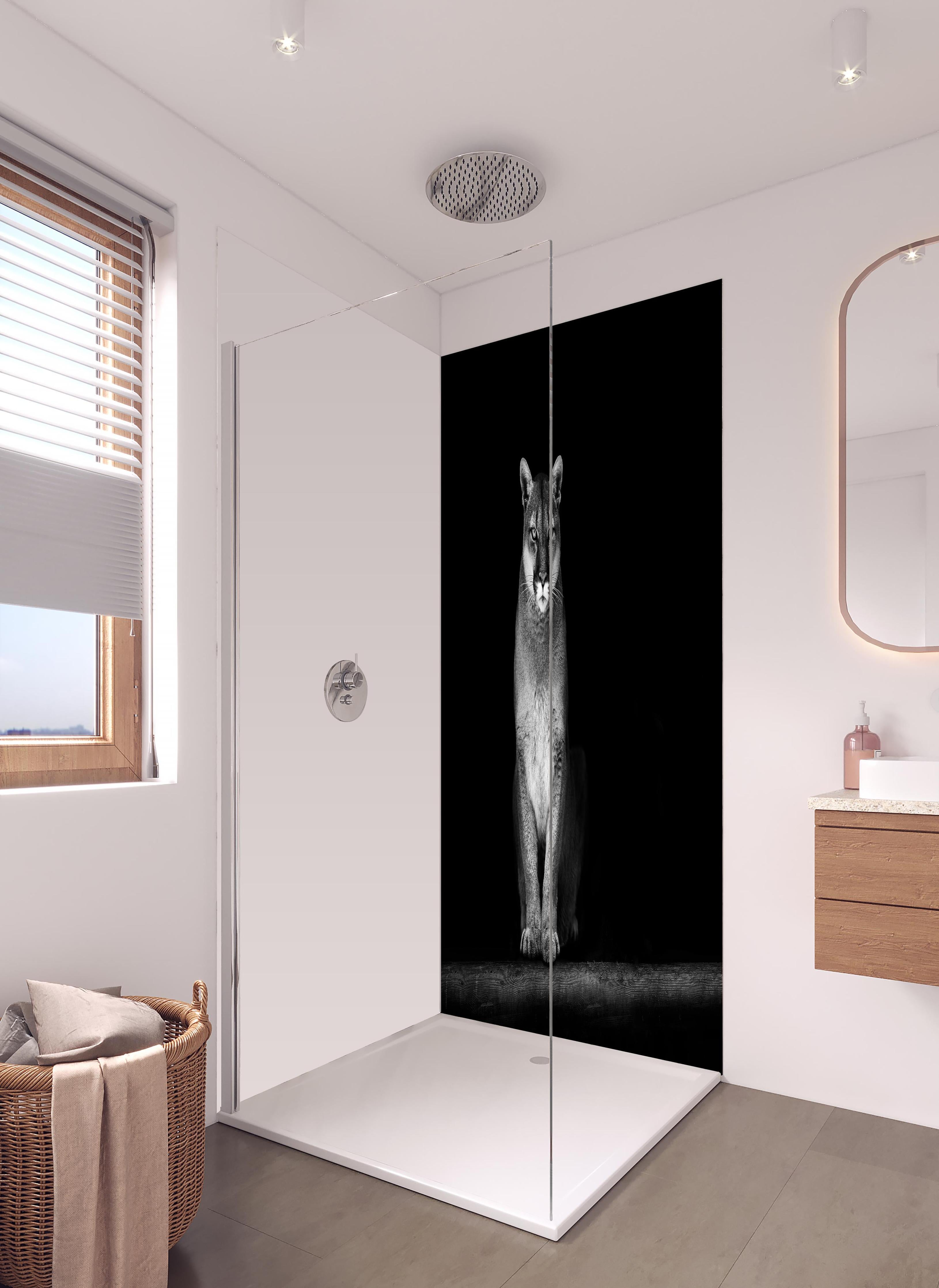 Duschrückwand - Porträt des Bergpumas in hellem Badezimmer mit Regenduschkopf - zweiteilige Eck-Duschrückwand