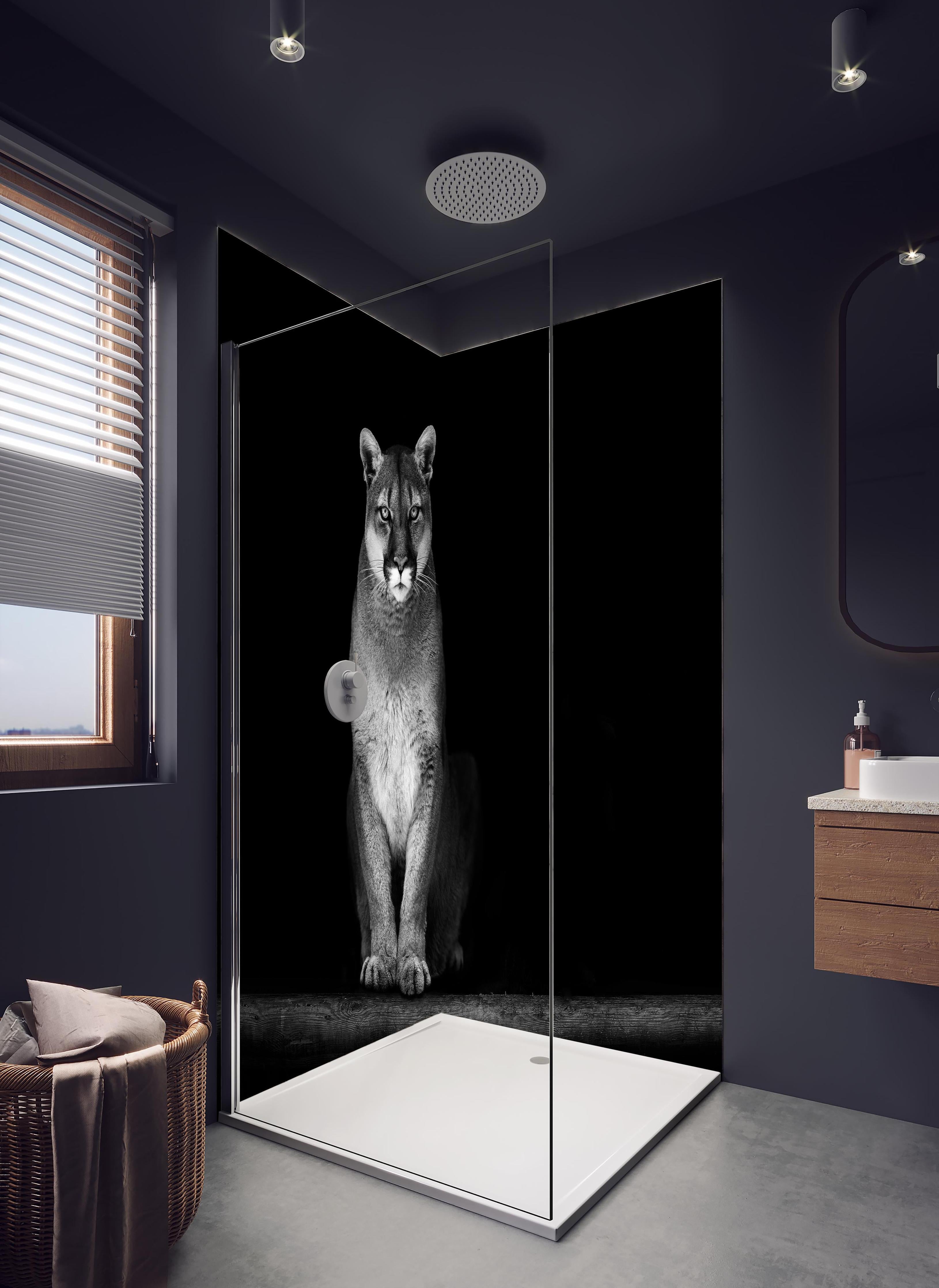 Duschrückwand - Porträt des Bergpumas in hellem Badezimmer mit Regenduschkopf - zweiteilige Eck-Duschrückwand